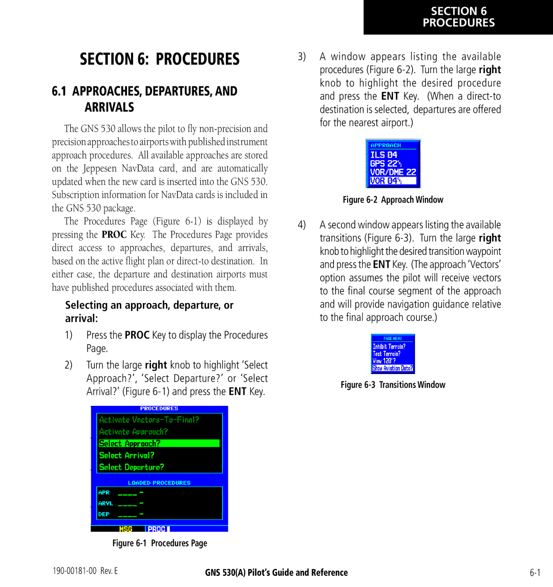 3D Connexion GNS 530(A) manual Section Procedures, Press the Proc Key to display the Procedures 