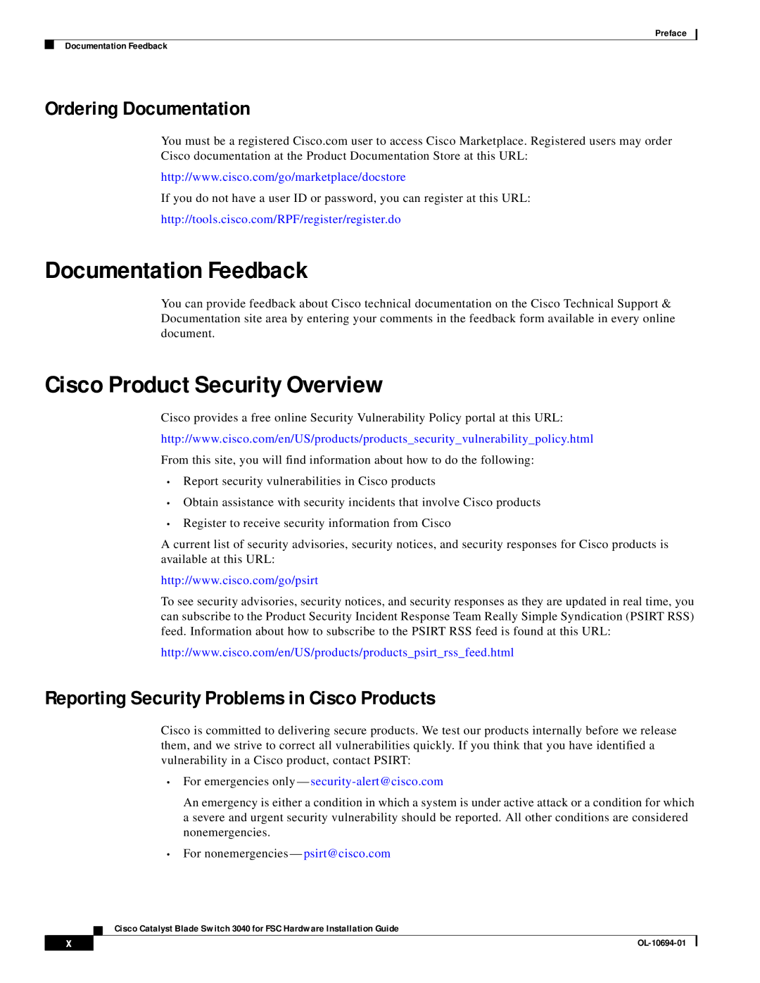 3D Connexion OL-10694-01 appendix Documentation Feedback, Cisco Product Security Overview, Ordering Documentation 