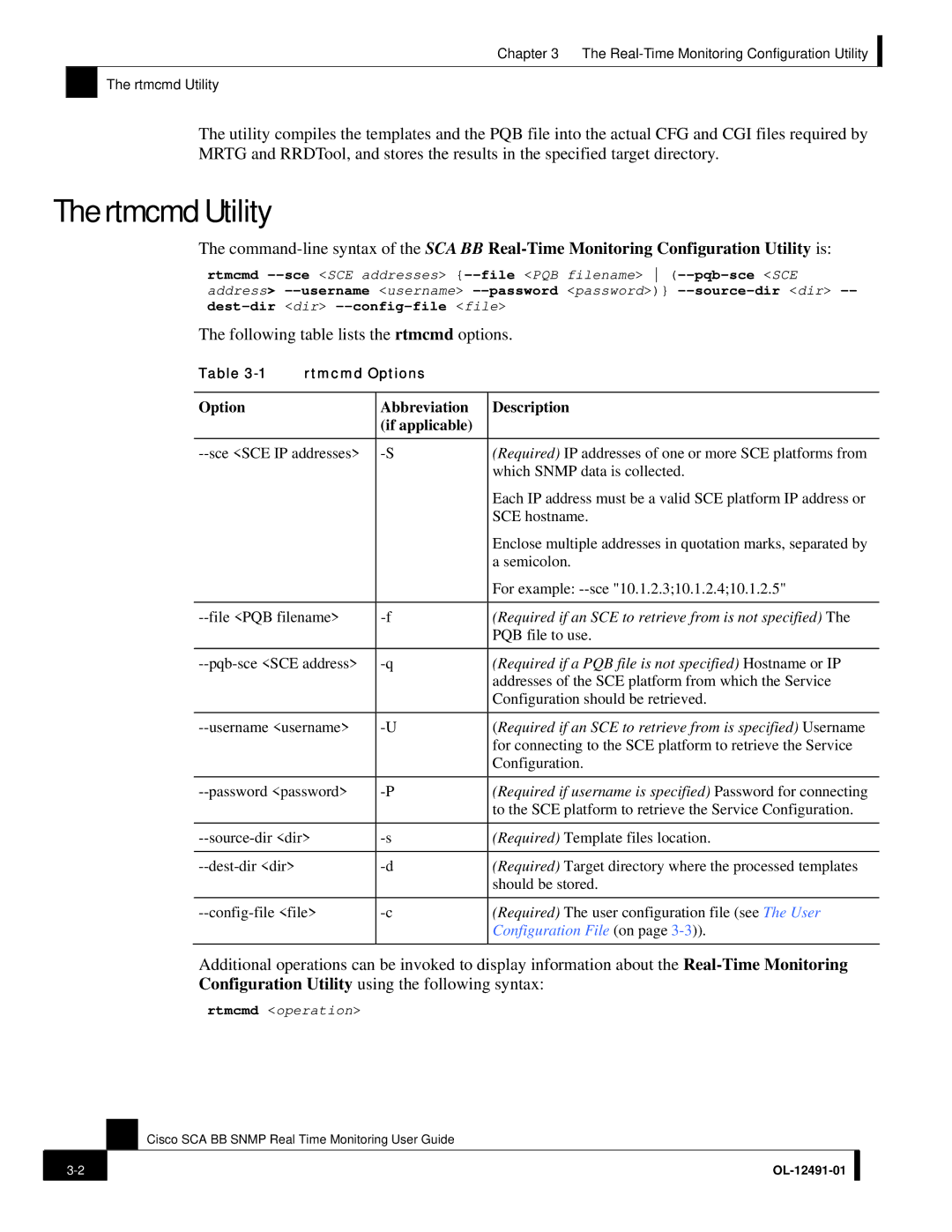 3D Connexion OL-12491-01 manual Rtmcmd Utility, Following table lists the rtmcmd options 