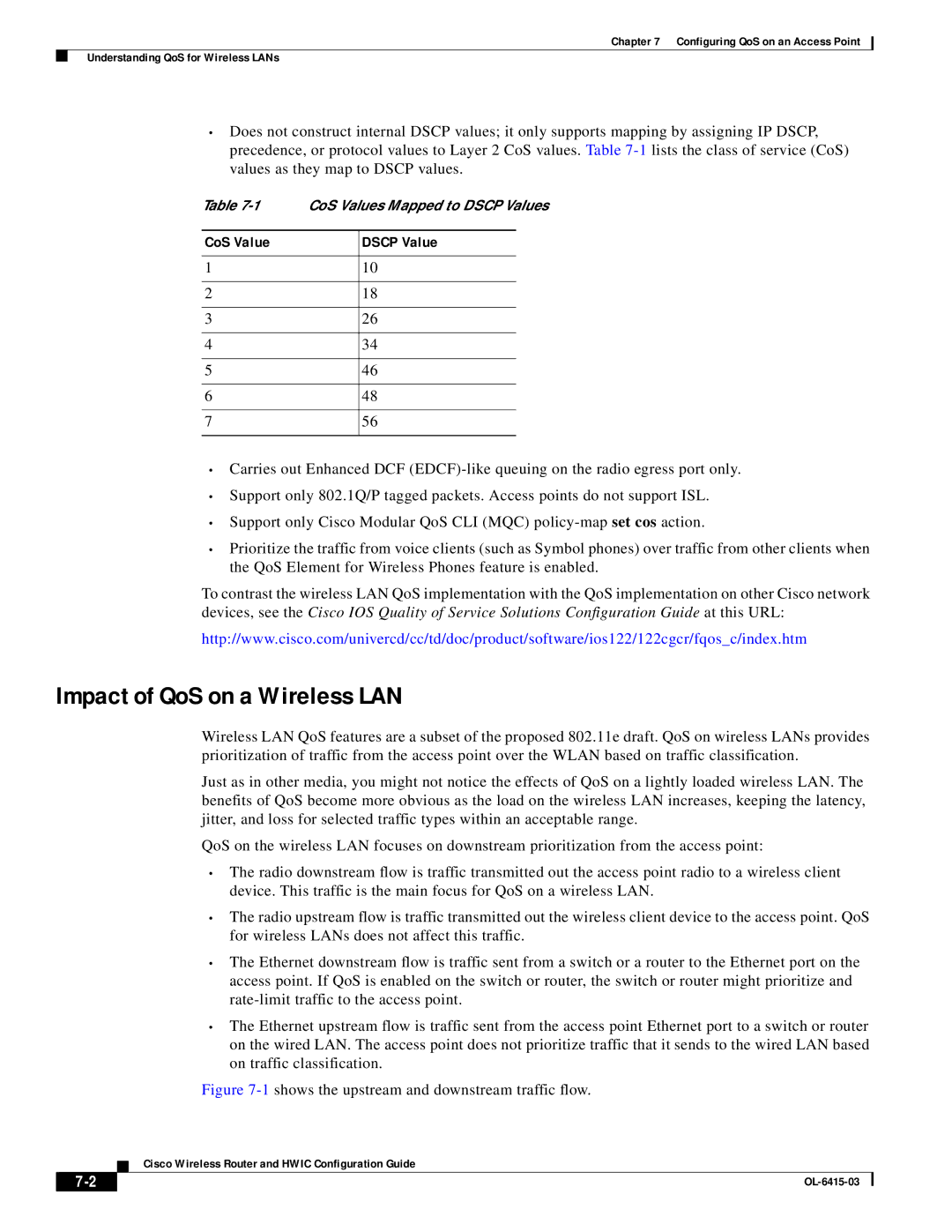 3D Connexion OL-6415-03 manual Impact of QoS on a Wireless LAN, CoS Value Dscp Value 