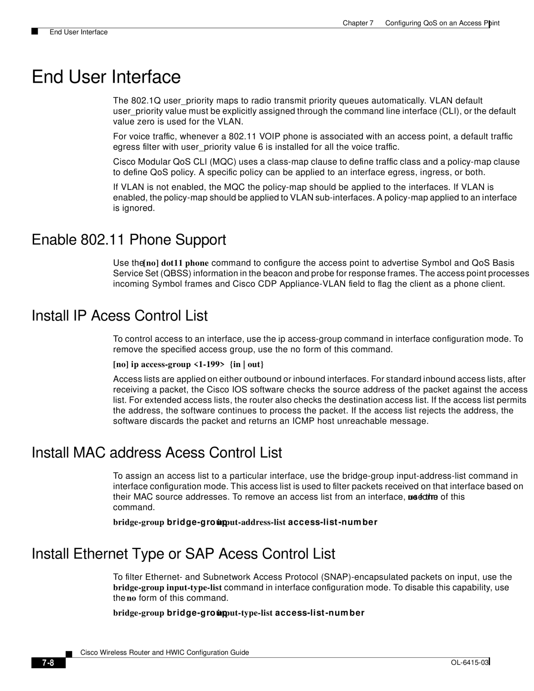 3D Connexion OL-6415-03 manual End User Interface, Enable 802.11 Phone Support, Install IP Acess Control List 