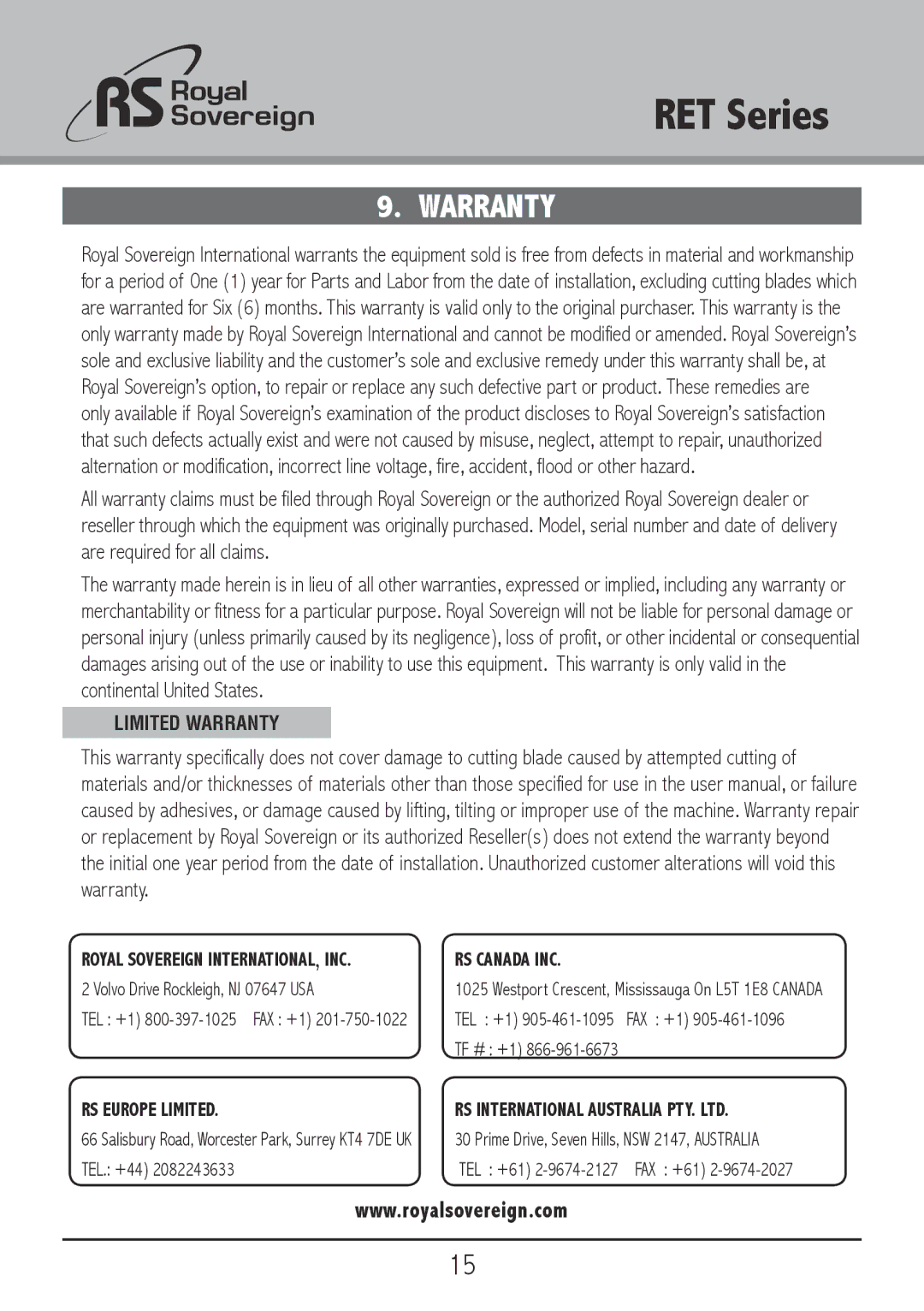 3D Connexion RET-2000, RET-2500, RET-1500 owner manual Warranty, RS Canada INC 