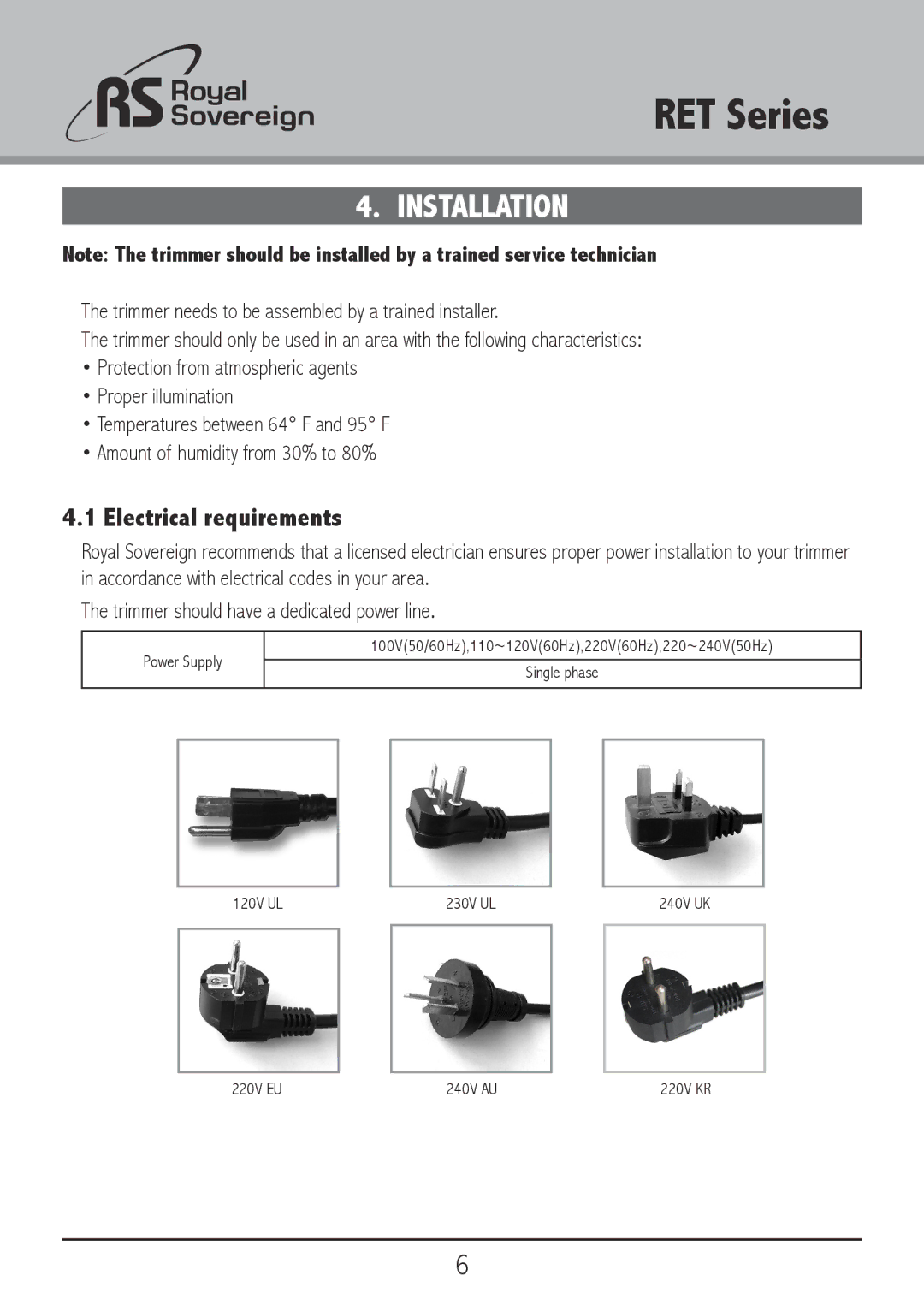 3D Connexion RET-2000, RET-2500, RET-1500 owner manual Installation, Electrical requirements 