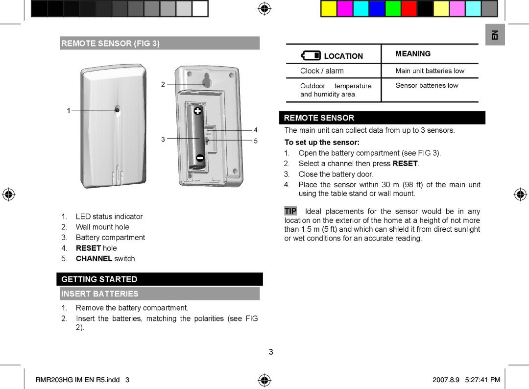 3D Connexion RMR203HG user manual Remote Sensor FIG, Location Meaning, Getting Started Insert Batteries 