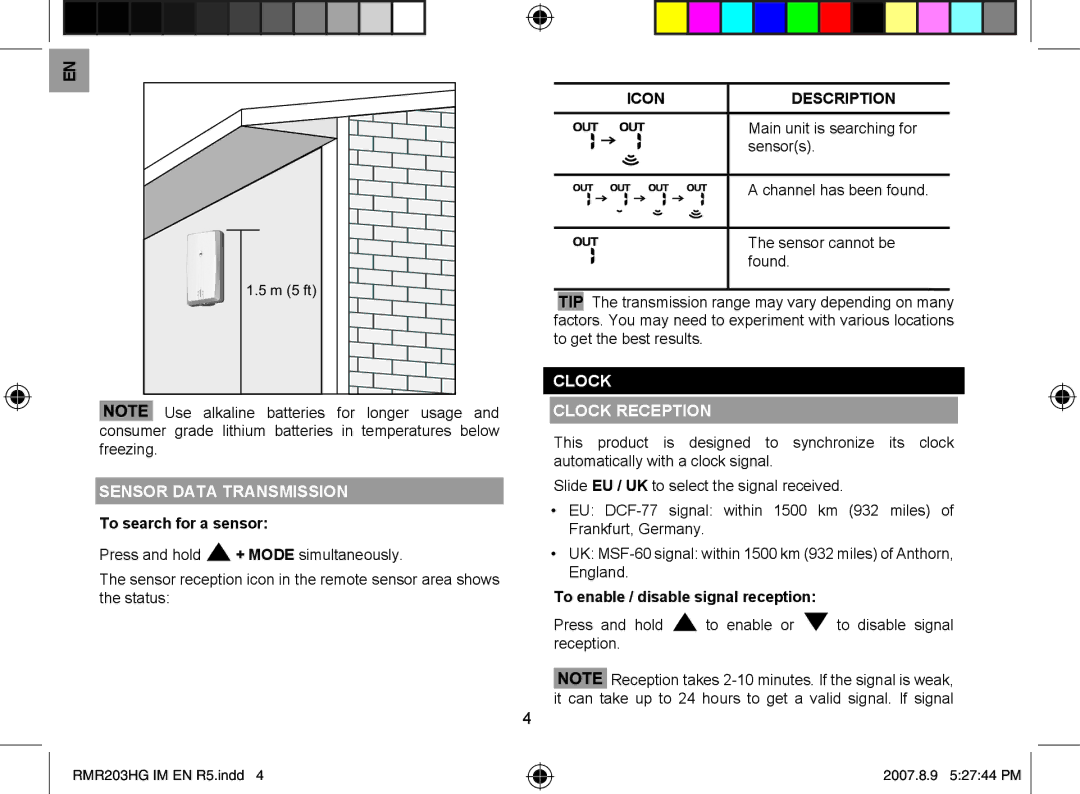 3D Connexion RMR203HG user manual Sensor Data Transmission, To search for a sensor, Icon, Clock Clock Reception 