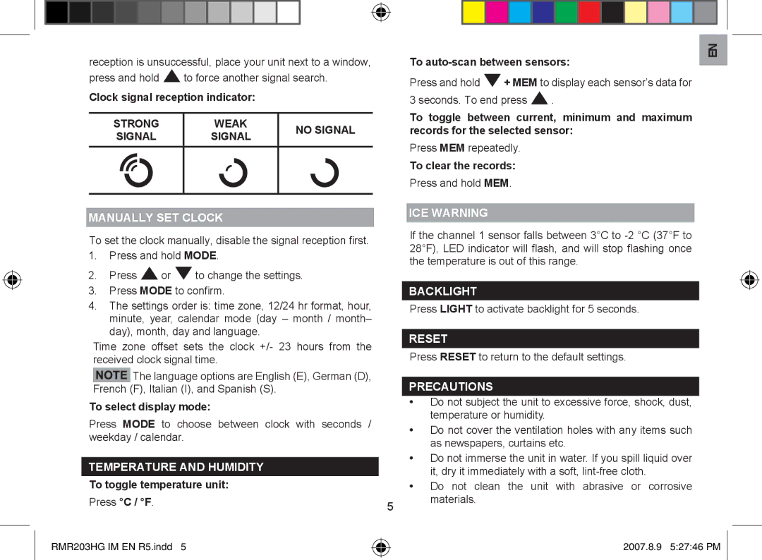 3D Connexion RMR203HG user manual Manually SET Clock, Temperature and Humidity, ICE Warning, Backlight, Reset, Precautions 