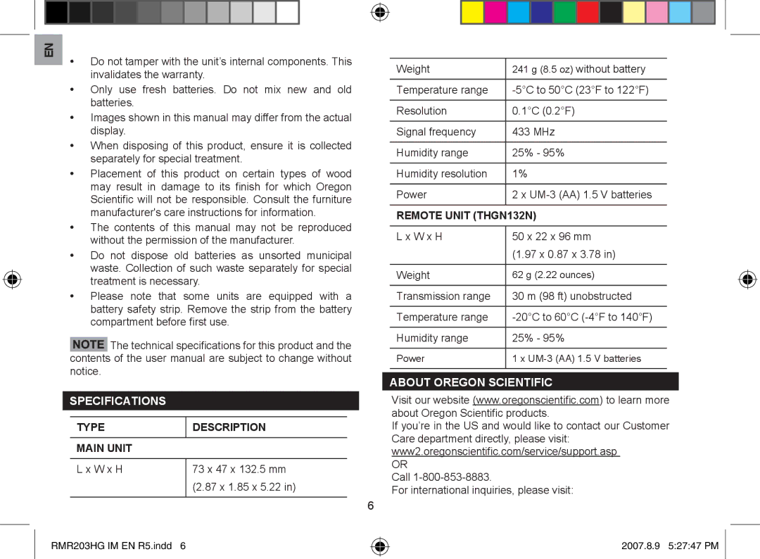 3D Connexion RMR203HG user manual Specifications, Type Description Main Unit, Remote Unit THGN132N, About Oregon Scientific 