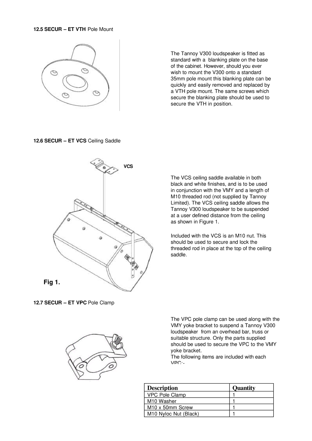 3D Connexion V300 user manual Secur ET VTH Pole Mount, Secur ET VCS Ceiling Saddle, Secur ET VPC Pole Clamp 