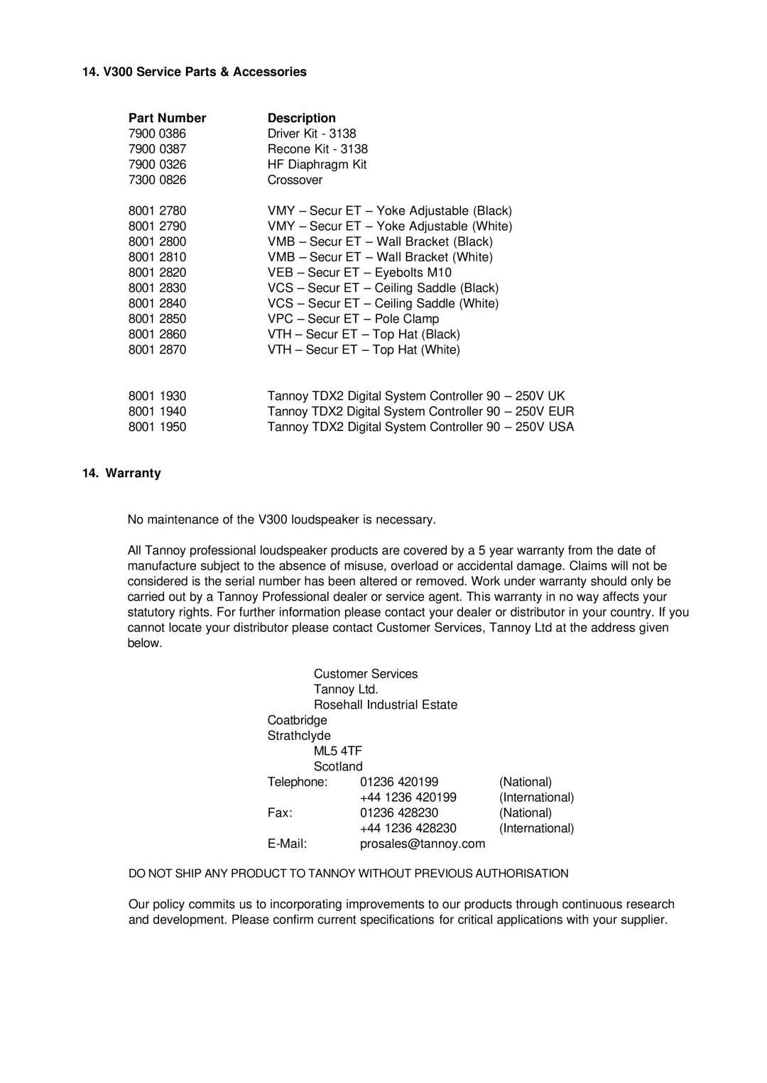 3D Connexion user manual 14. V300 Service Parts & Accessories Part Number Description, Warranty 