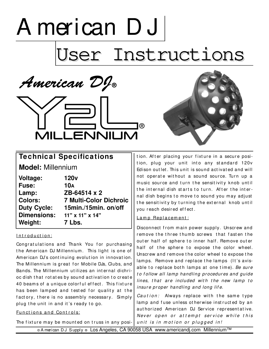 3D Connexion Y2L technical specifications American DJ, User Instructions, Technical Specifications, Model Millennium 