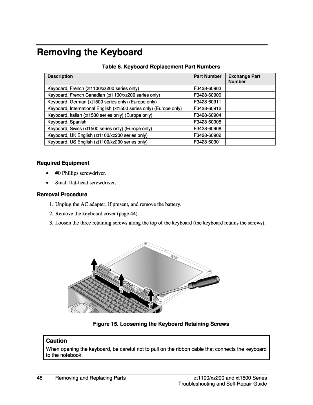 3D Connexion ZT1000, XZ200 Removing the Keyboard, Keyboard Replacement Part Numbers, Required Equipment, Removal Procedure 