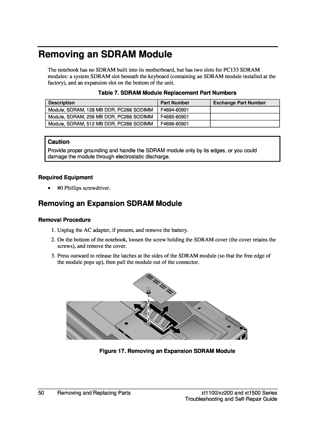 3D Connexion XT1500 Removing an SDRAM Module, Removing an Expansion SDRAM Module, SDRAM Module Replacement Part Numbers 