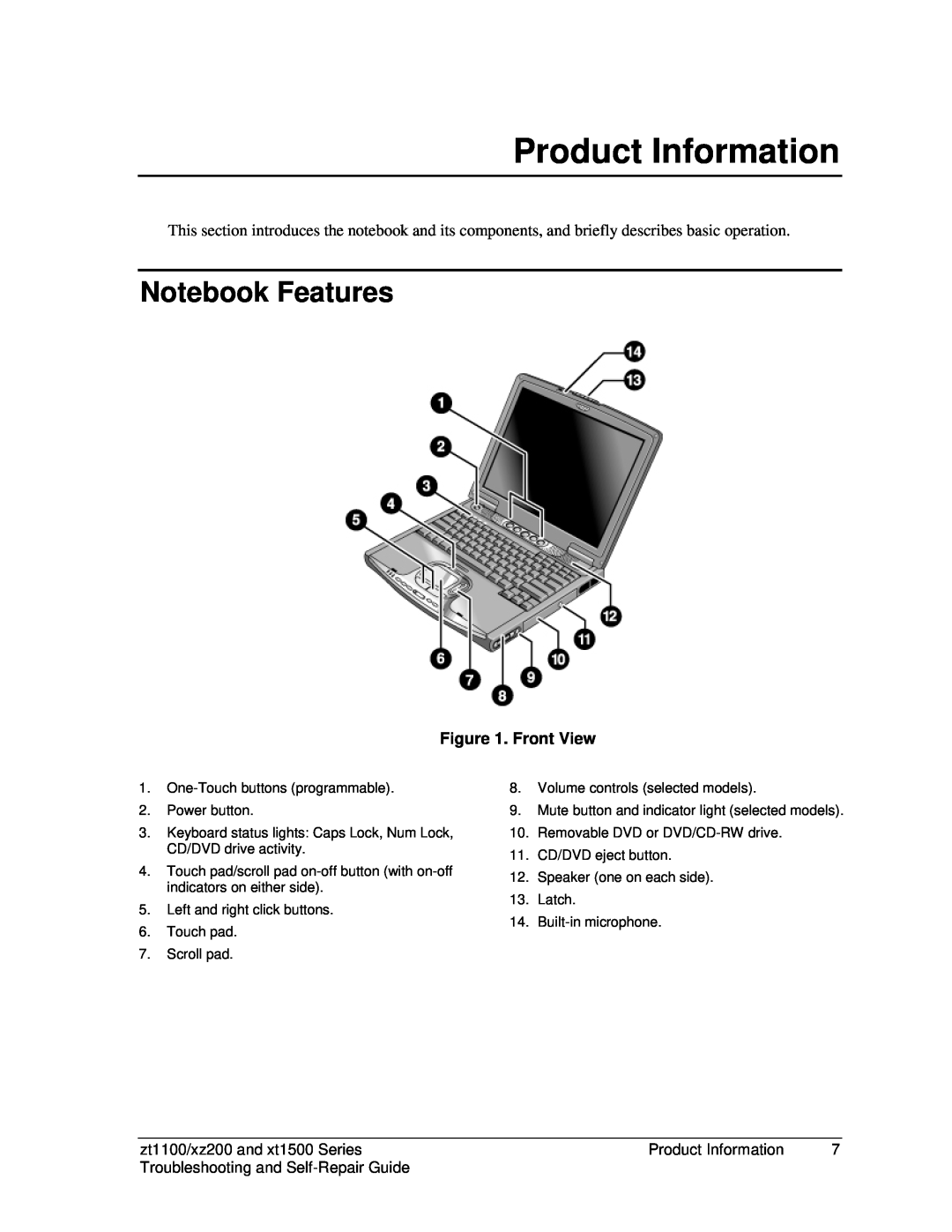 3D Connexion XZ200, ZT1000, XT1500 manual Product Information, Notebook Features, Front View, zt1100/xz200 and xt1500 Series 