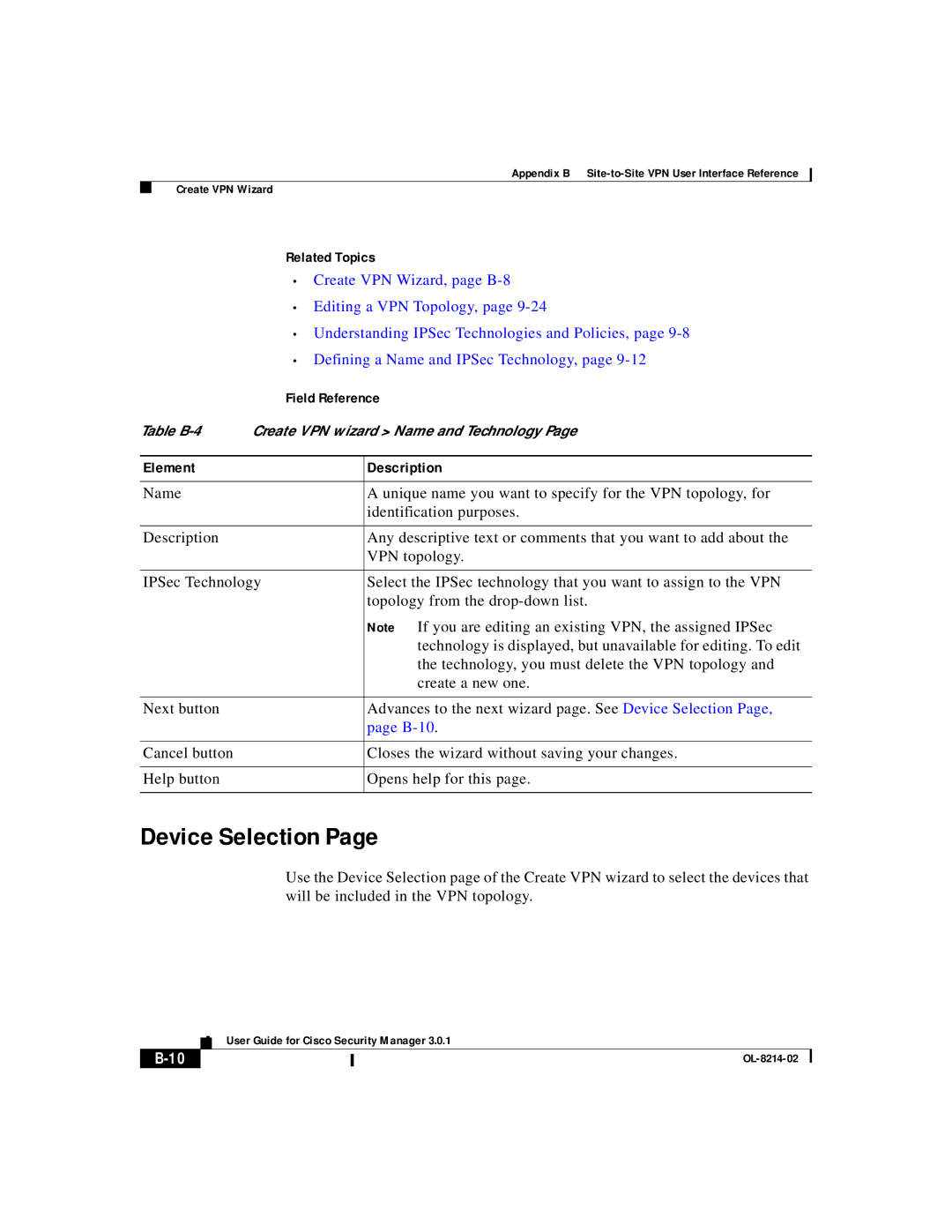 3D Innovations 3.0.1 appendix Device Selection, Editing a VPN Topology, Defining a Name and IPSec Technology, B-10 