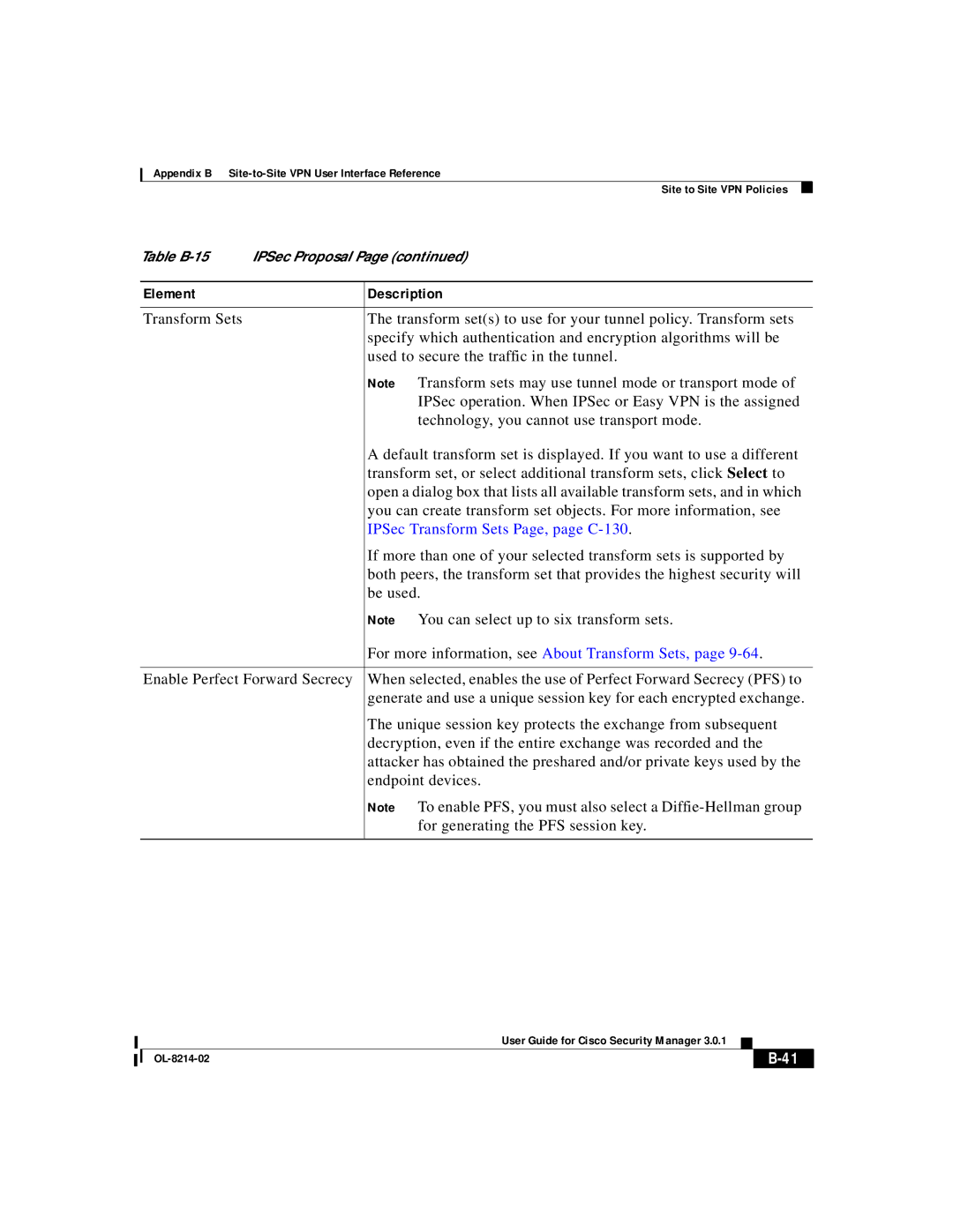 3D Innovations 3.0.1 appendix IPSec Transform Sets Page, page C-130, For more information, see About Transform Sets 