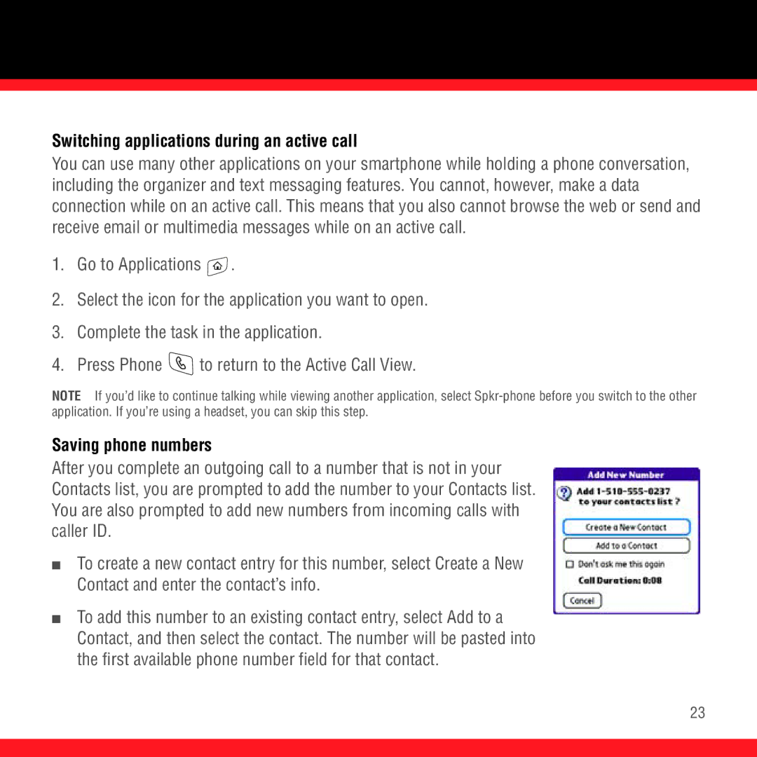 3D Innovations 700P manual Switching applications during an active call, Saving phone numbers 