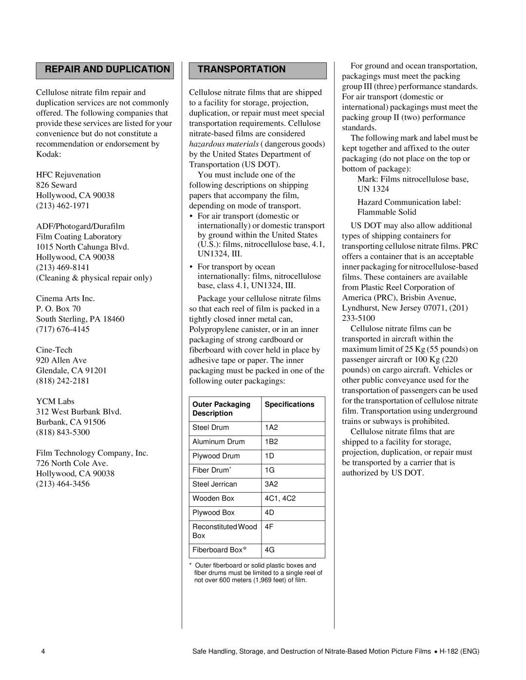 3D Innovations H-182 (ENG)2 manual Repair and Duplication, Transportation, Outer Packaging Specifications Description 