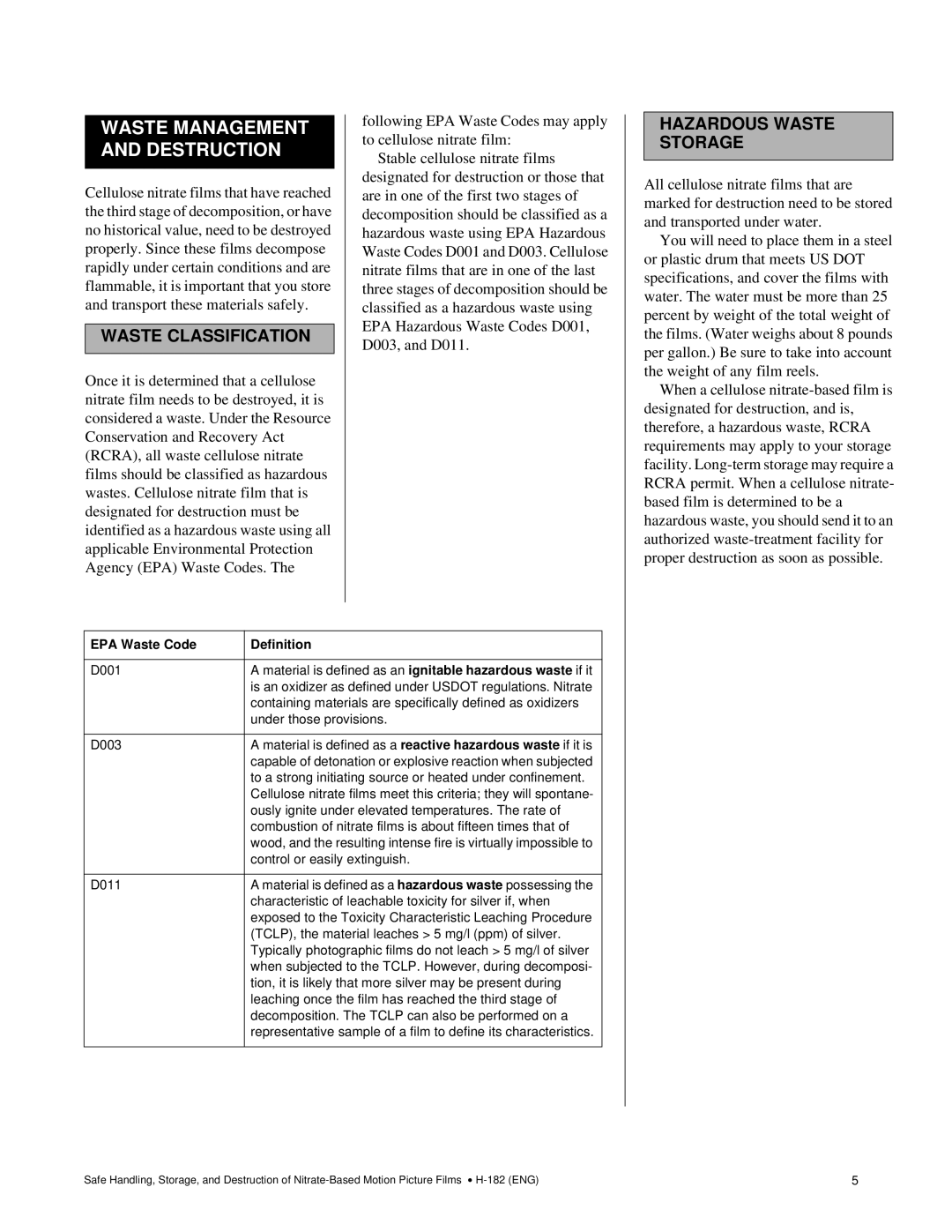 3D Innovations H-182 (ENG)2 manual Waste Management and Destruction, Waste Classification, Hazardous Waste Storage 