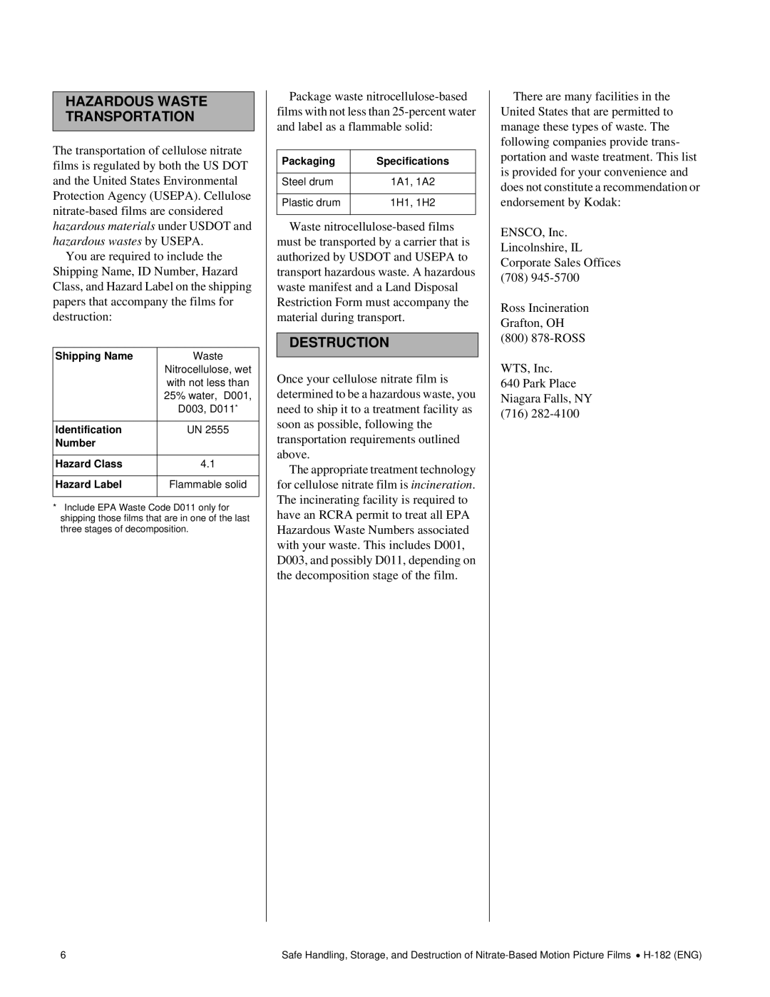 3D Innovations H-182 (ENG)2 manual Hazardous Waste Transportation, Destruction, Shipping Name, Packaging Specifications 