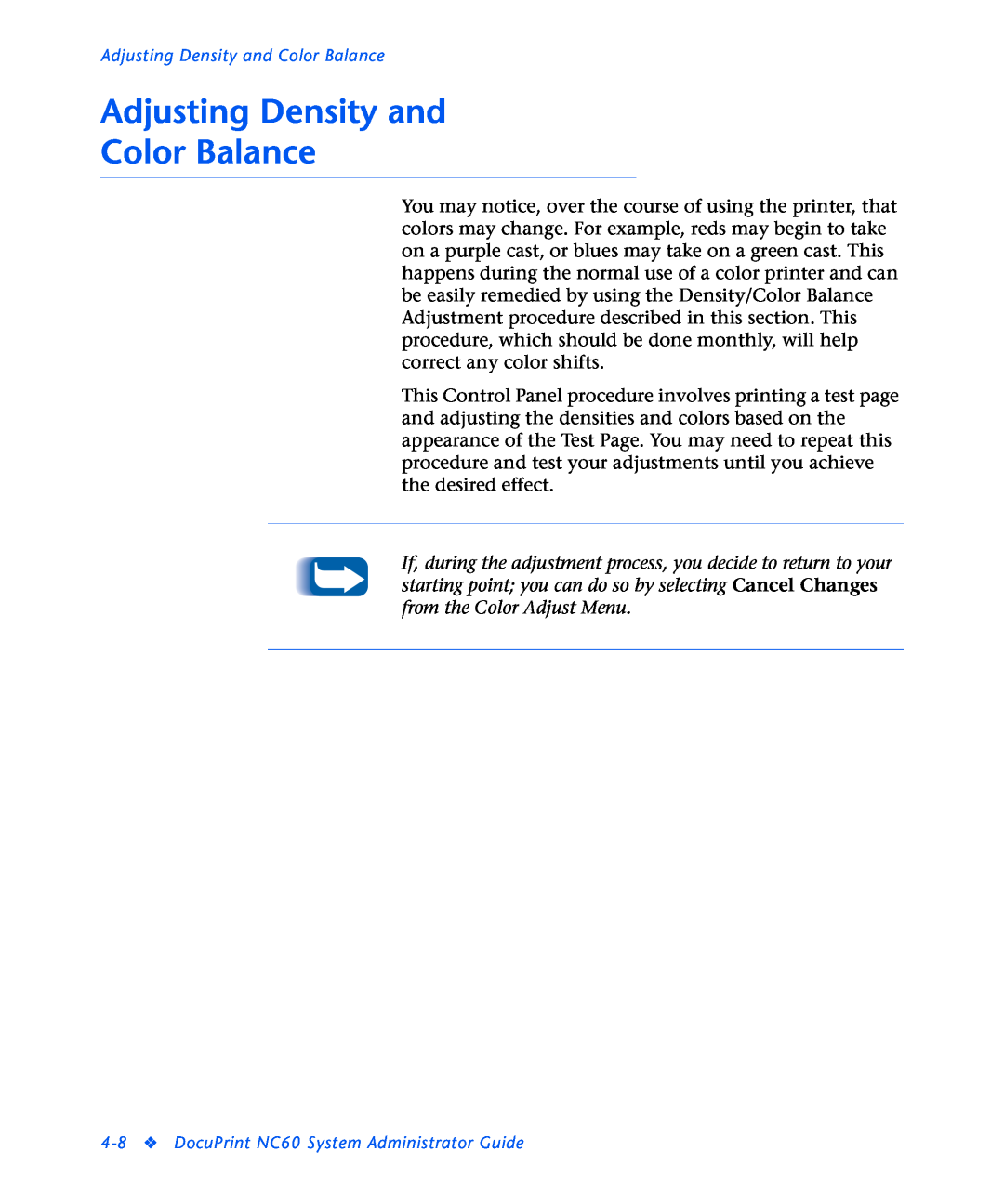 3D Innovations manual Adjusting Density and Color Balance, DocuPrint NC60 System Administrator Guide 