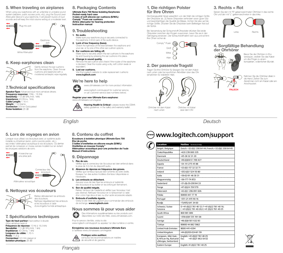 3D Innovations UE700 instruction manual When traveling on airplanes, Keep earphones clean, Technical specifications 