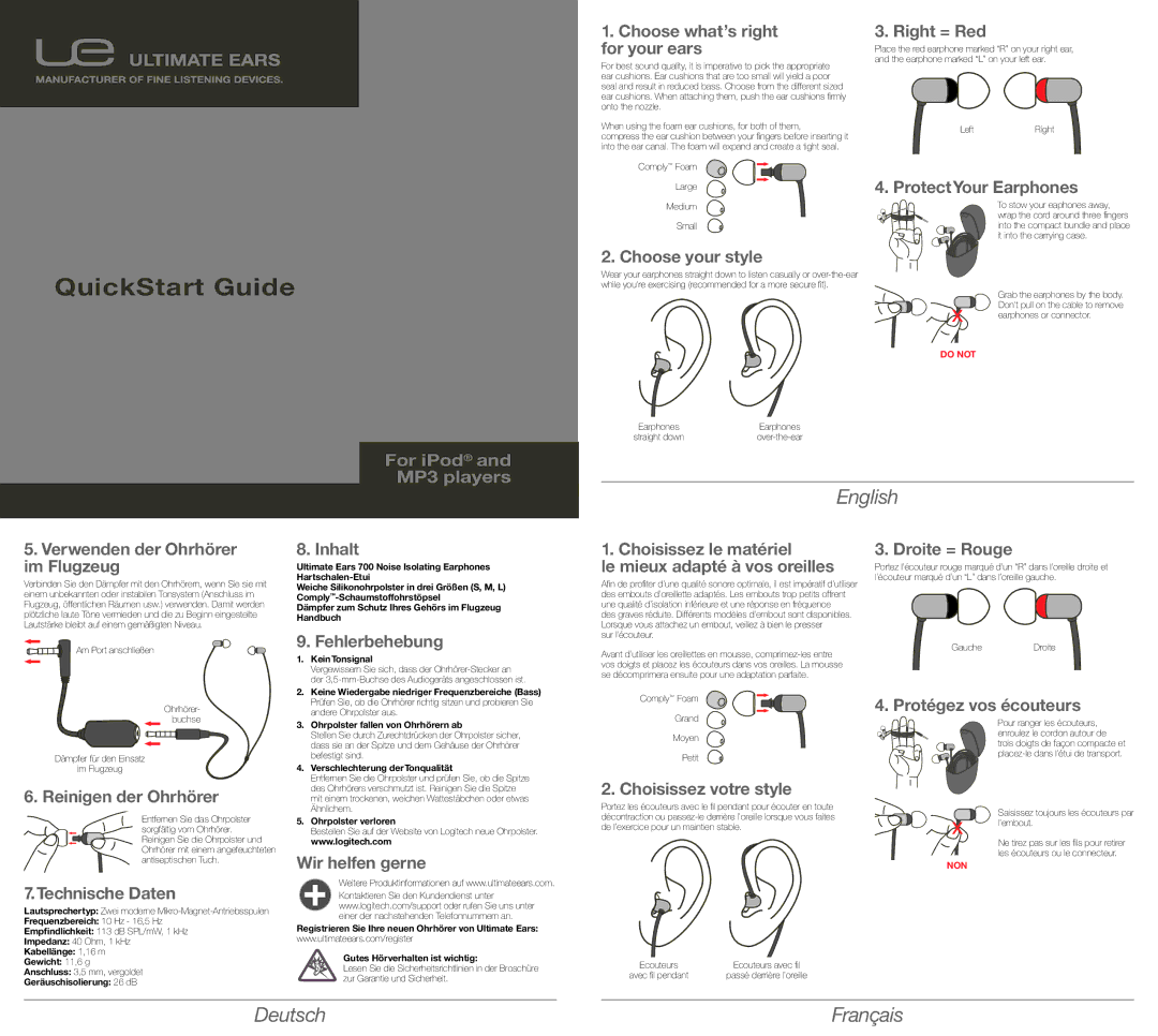 3D Innovations UE700 Choose what’s right for your ears, Choose your style, Right = Red, ProtectYour Earphones, Inhalt 