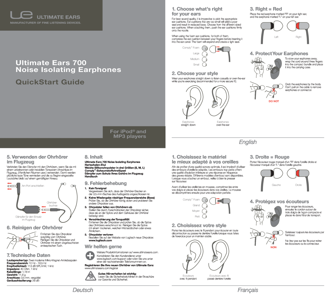 3D Innovations UE700 Français, Ultimate Ears Noise Isolating Earphones, QuickStart Guide, English, Deutsch 