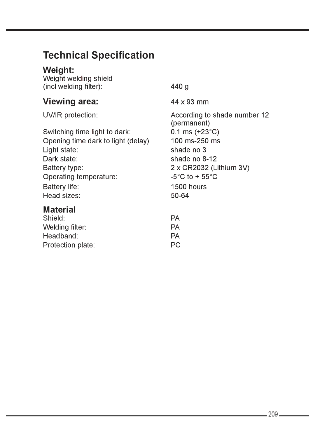 3M 100 manual Technical Specification, Weight, Viewing area, Material 