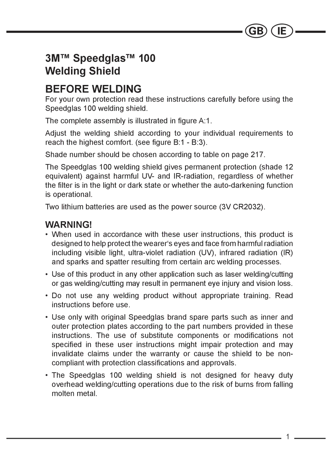 3M 100 manual 3M Speedglas Welding Shield, Before Welding 