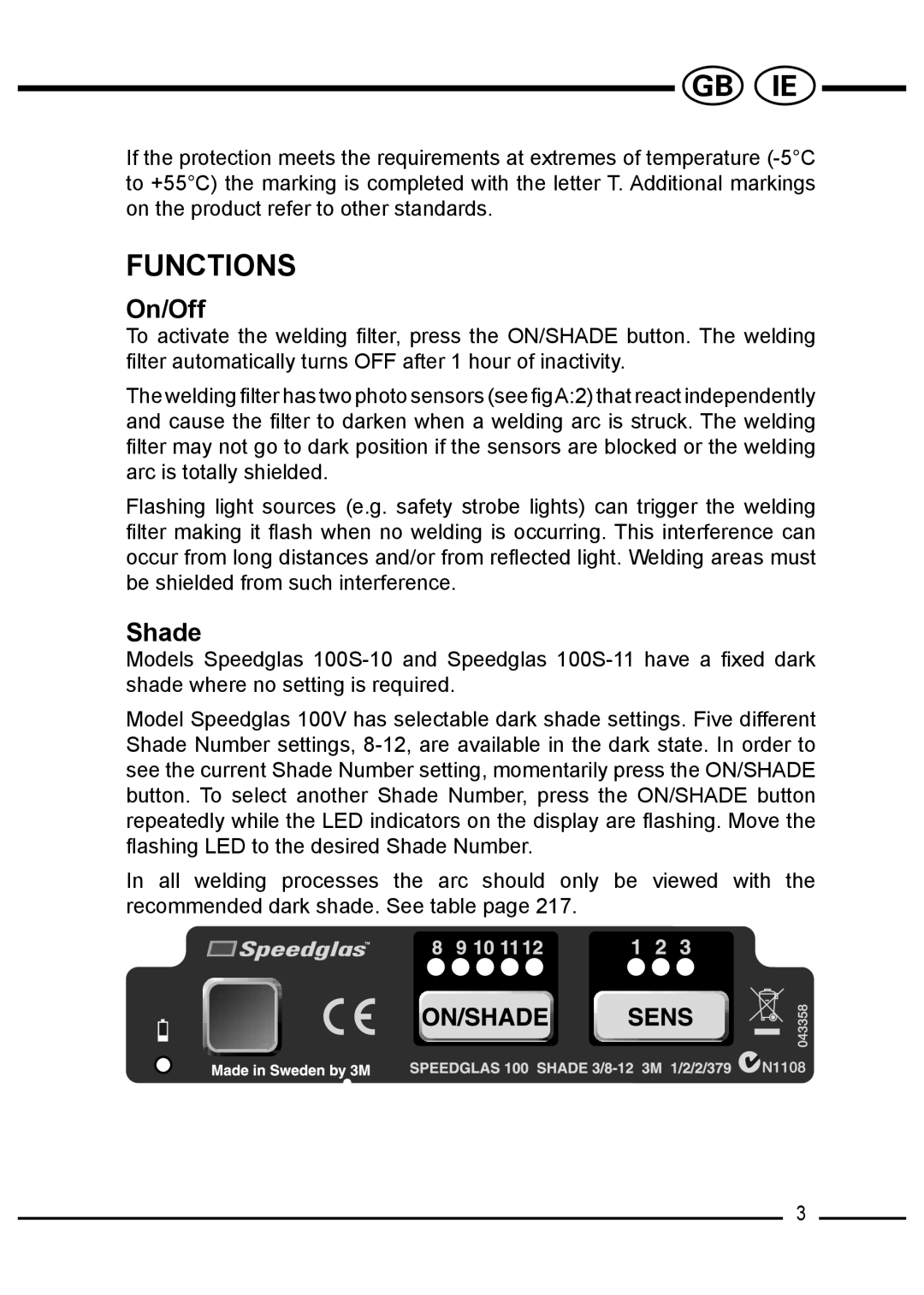 3M 100 manual Functions, On/Off, Shade 