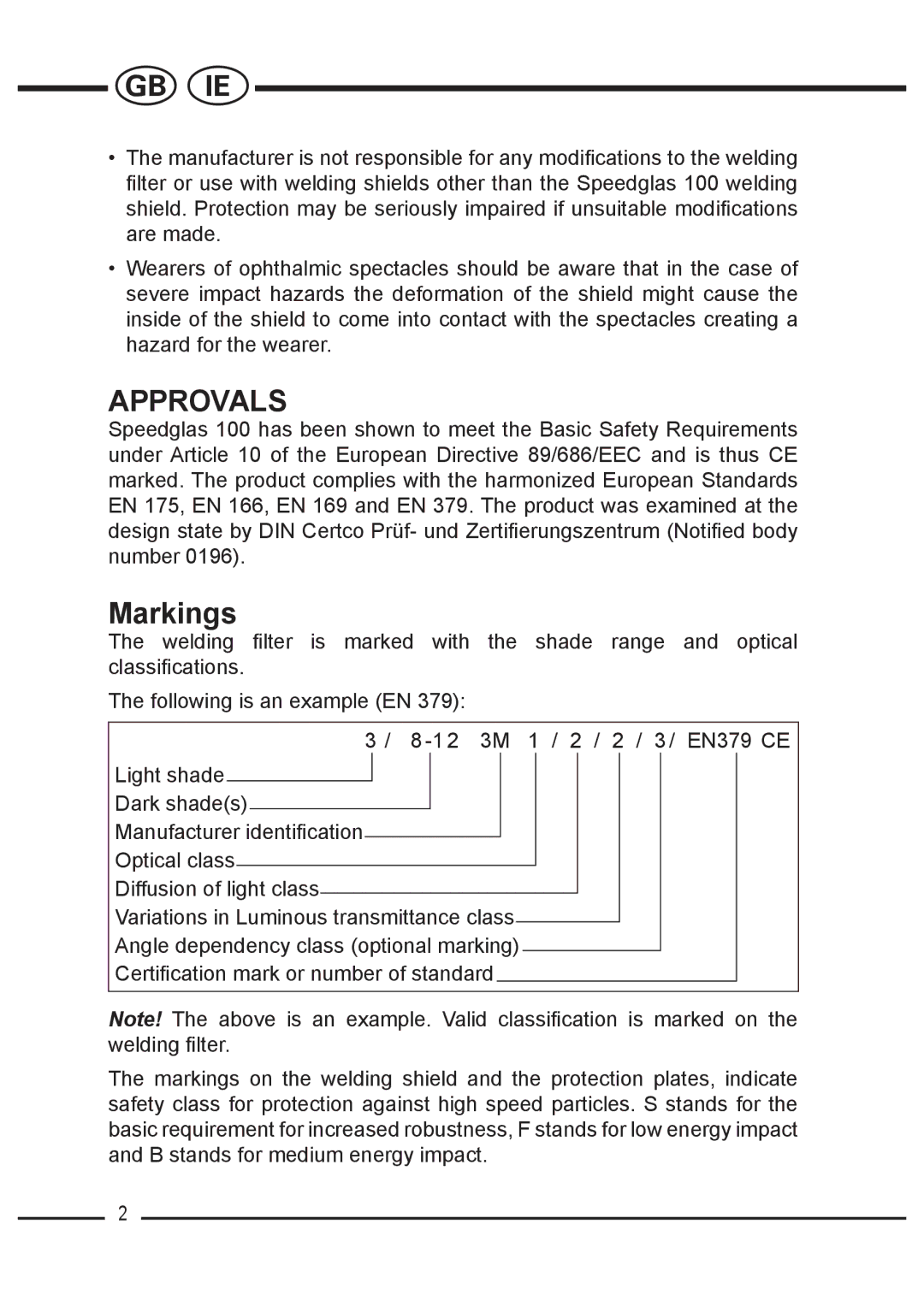 3M 100 manual Approvals, Markings 