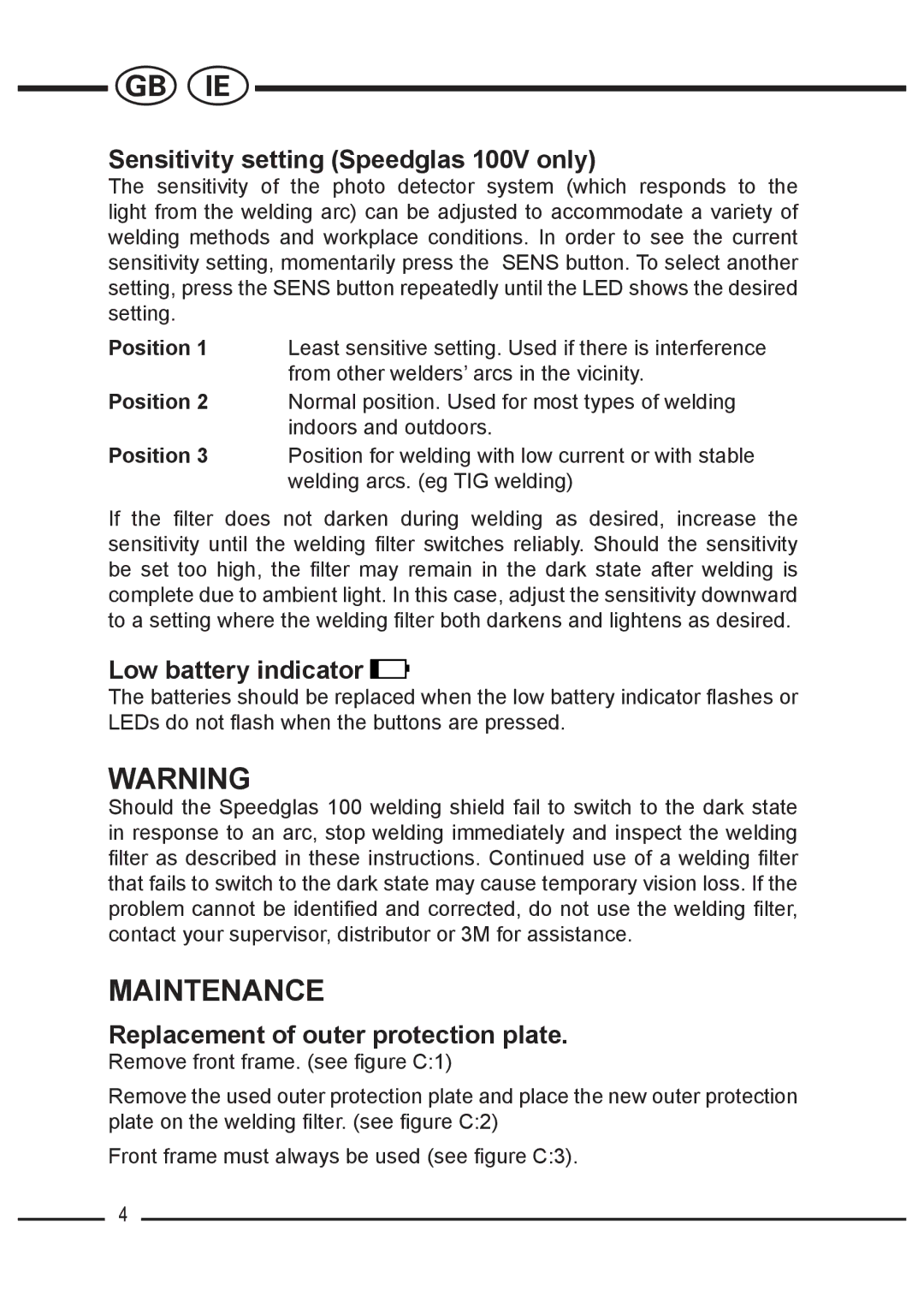 3M Maintenance, Sensitivity setting Speedglas 100V only, Low battery indicator, Replacement of outer protection plate 