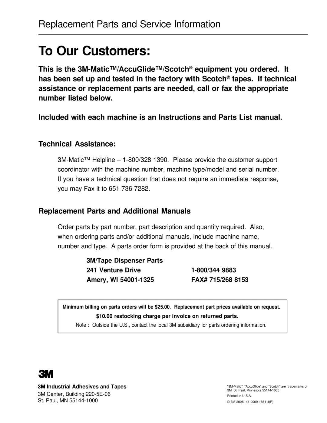 3M 10500 manual To Our Customers, Replacement Parts and Additional Manuals 