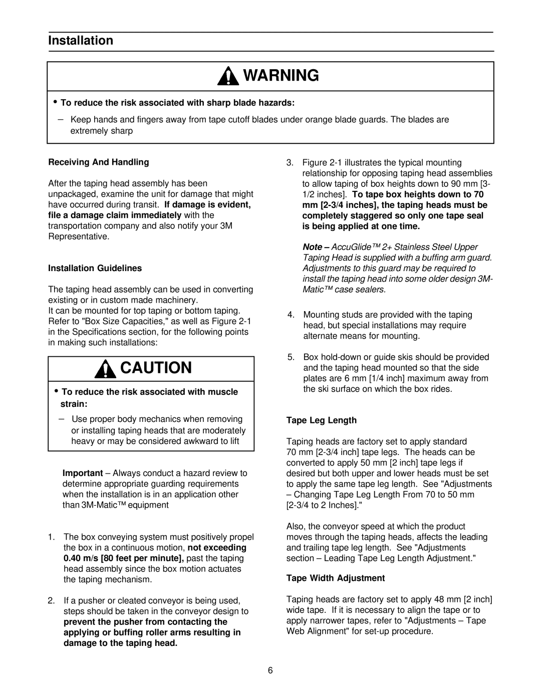 3M 10500 operating instructions Receiving And Handling, Installation Guidelines, Tape Leg Length, Tape Width Adjustment 