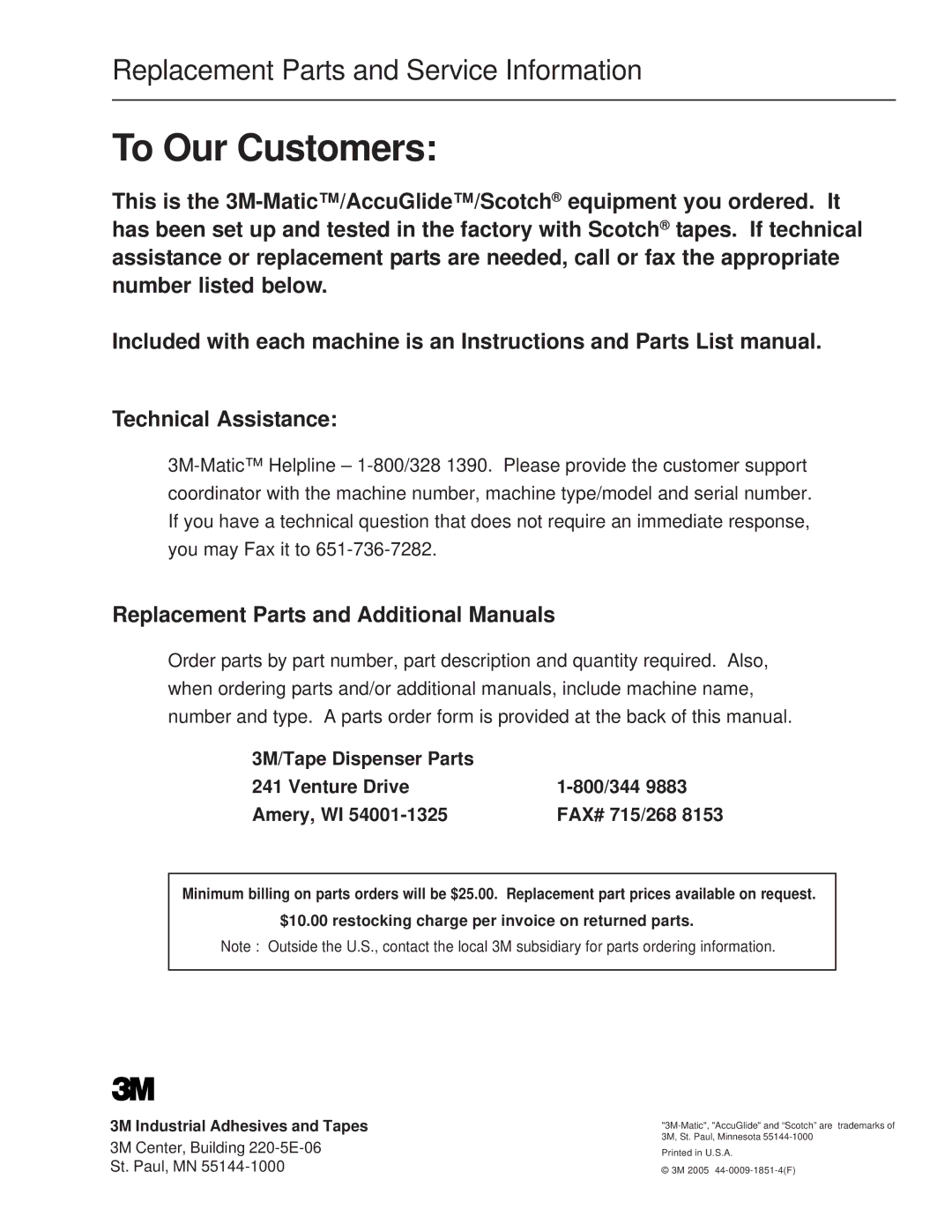 3M 10500 operating instructions To Our Customers 