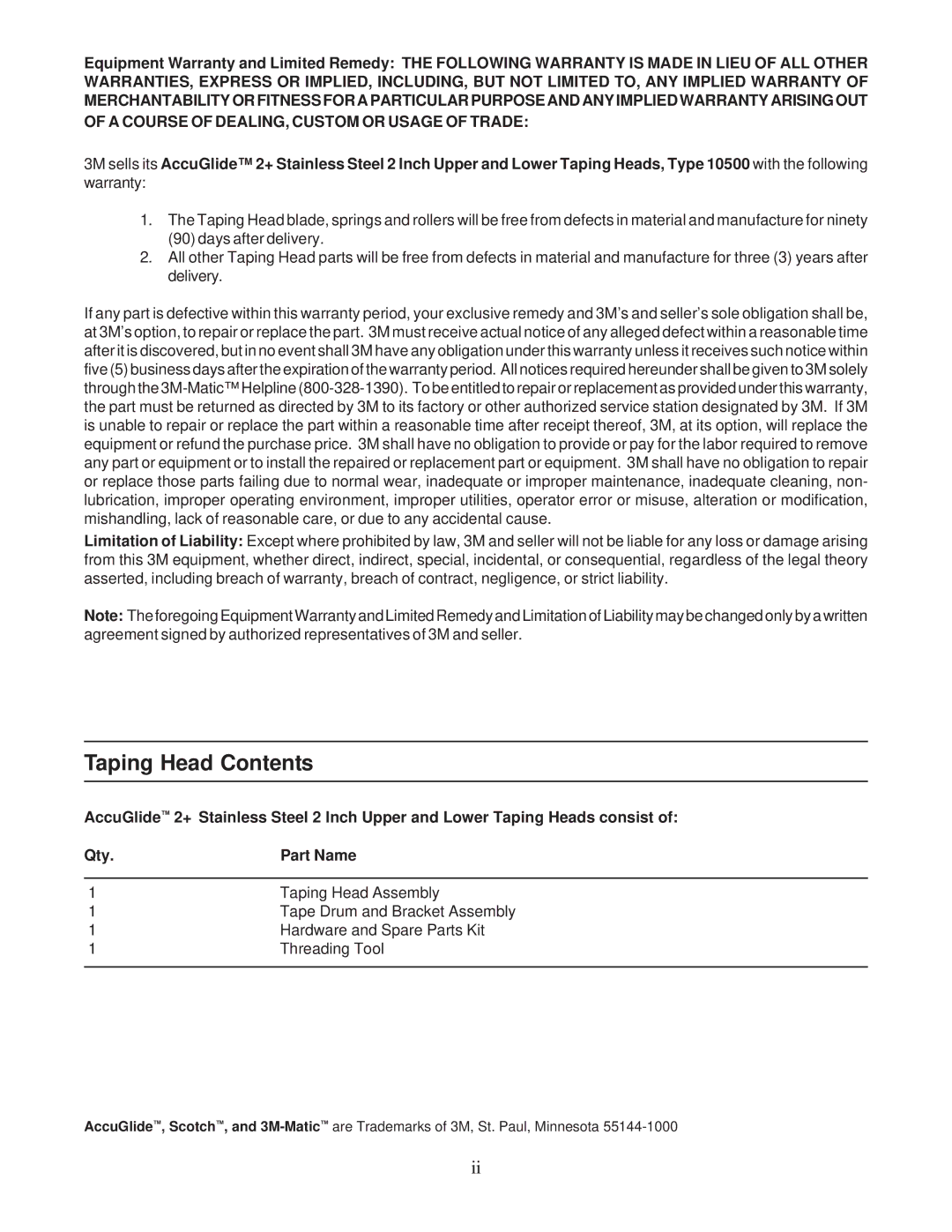 3M 10500 operating instructions Taping Head Contents 