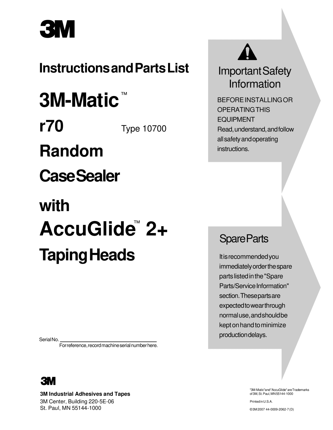 3M MN55144-1000, 10700 manual AccuGlide 2+, 3M Industrial Adhesives and Tapes 