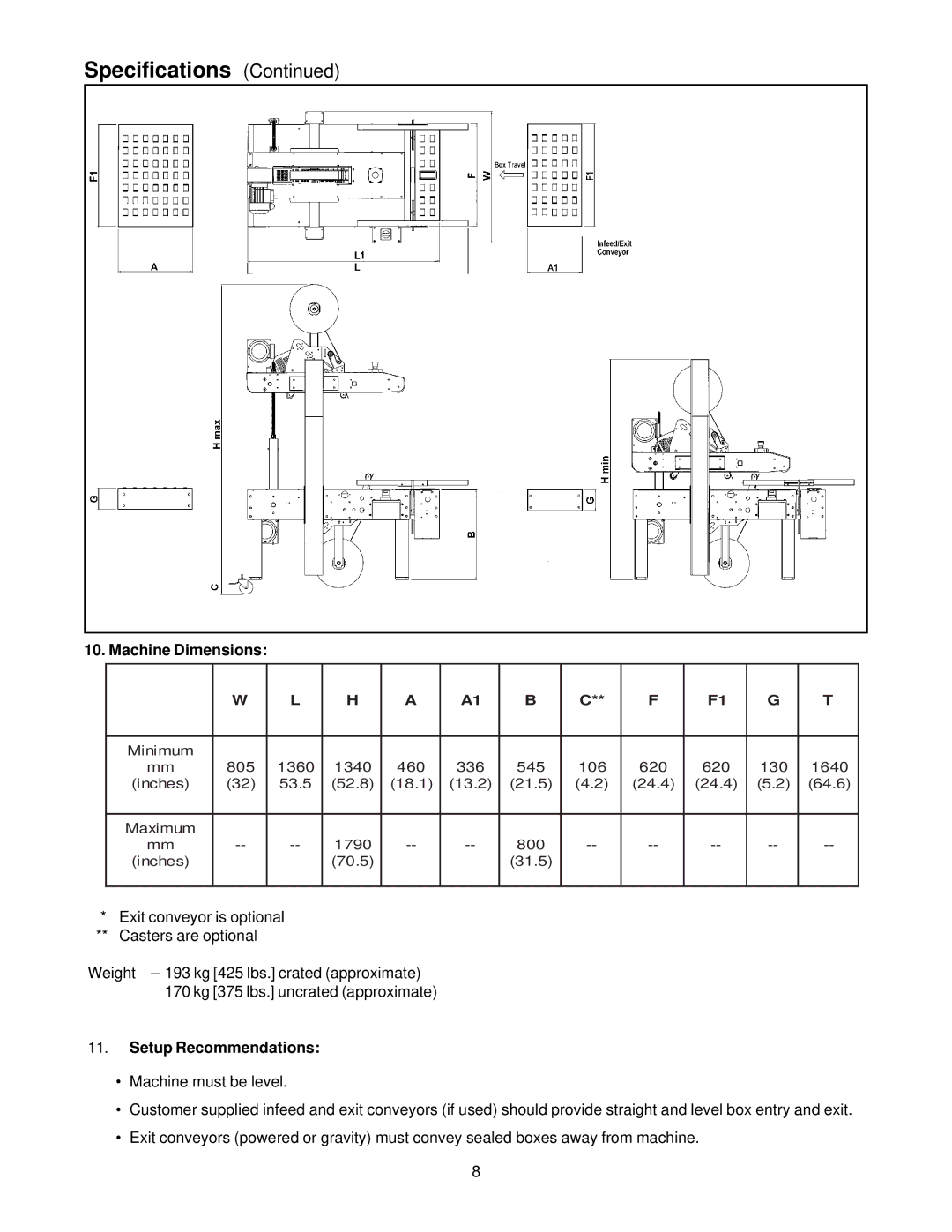 3M 10700, MN55144-1000 manual Machine Dimensions, Setup Recommendations 