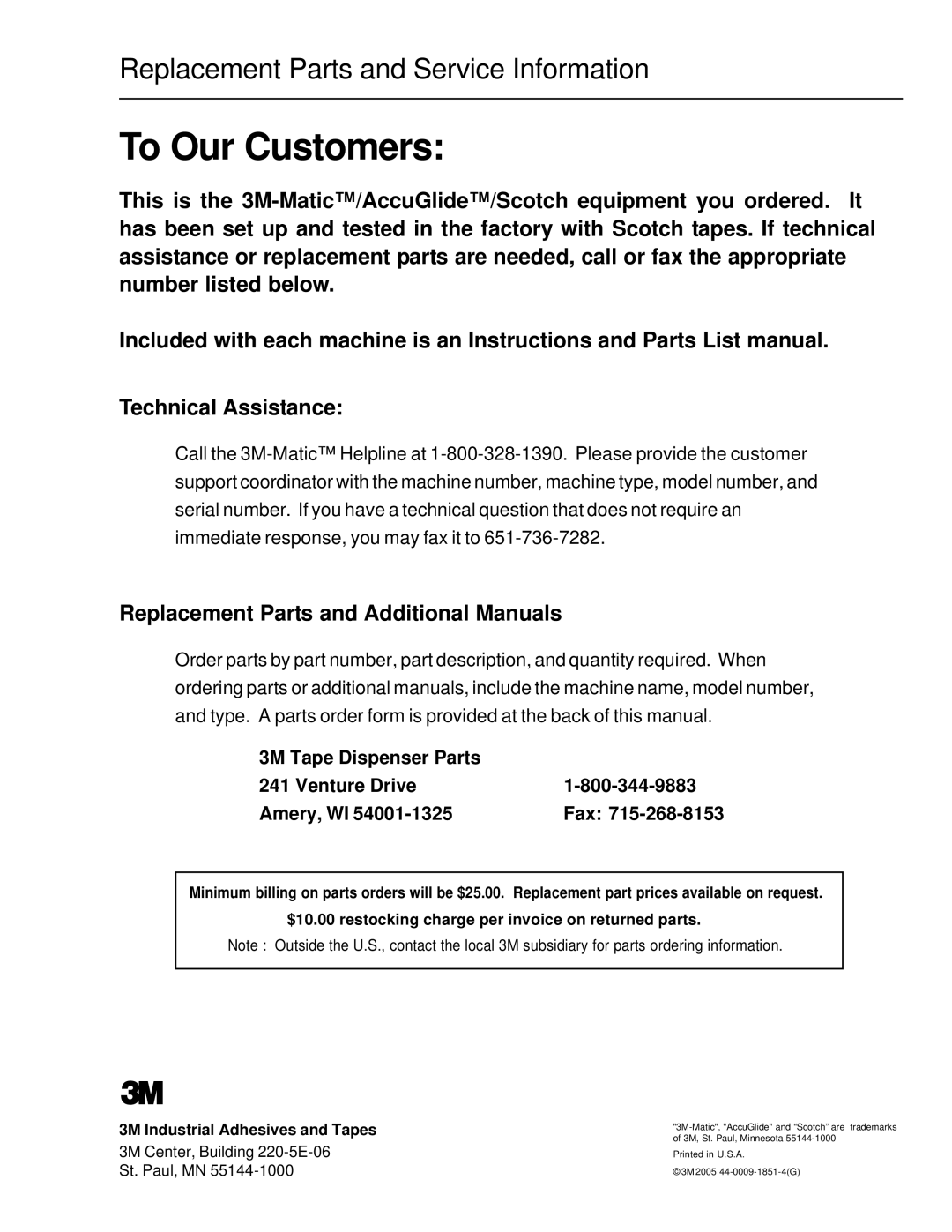 3M MN55144-1000, 10700 manual To Our Customers, Replacement Parts and Additional Manuals 