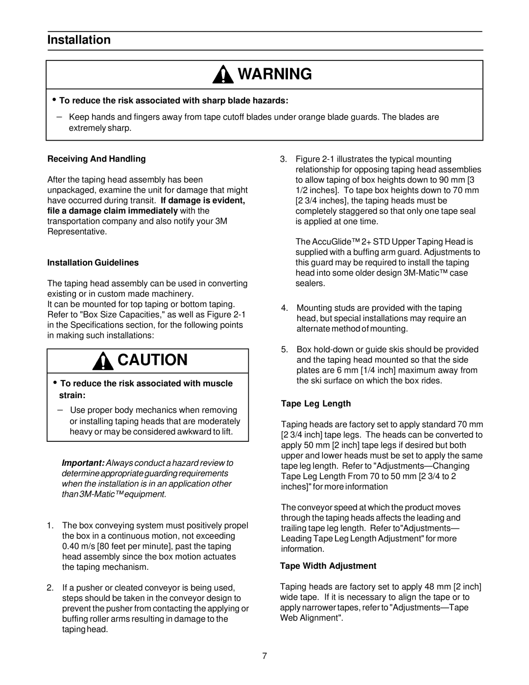 3M MN55144-1000, 10700 manual Installation Guidelines, Tape Leg Length, Tape Width Adjustment 