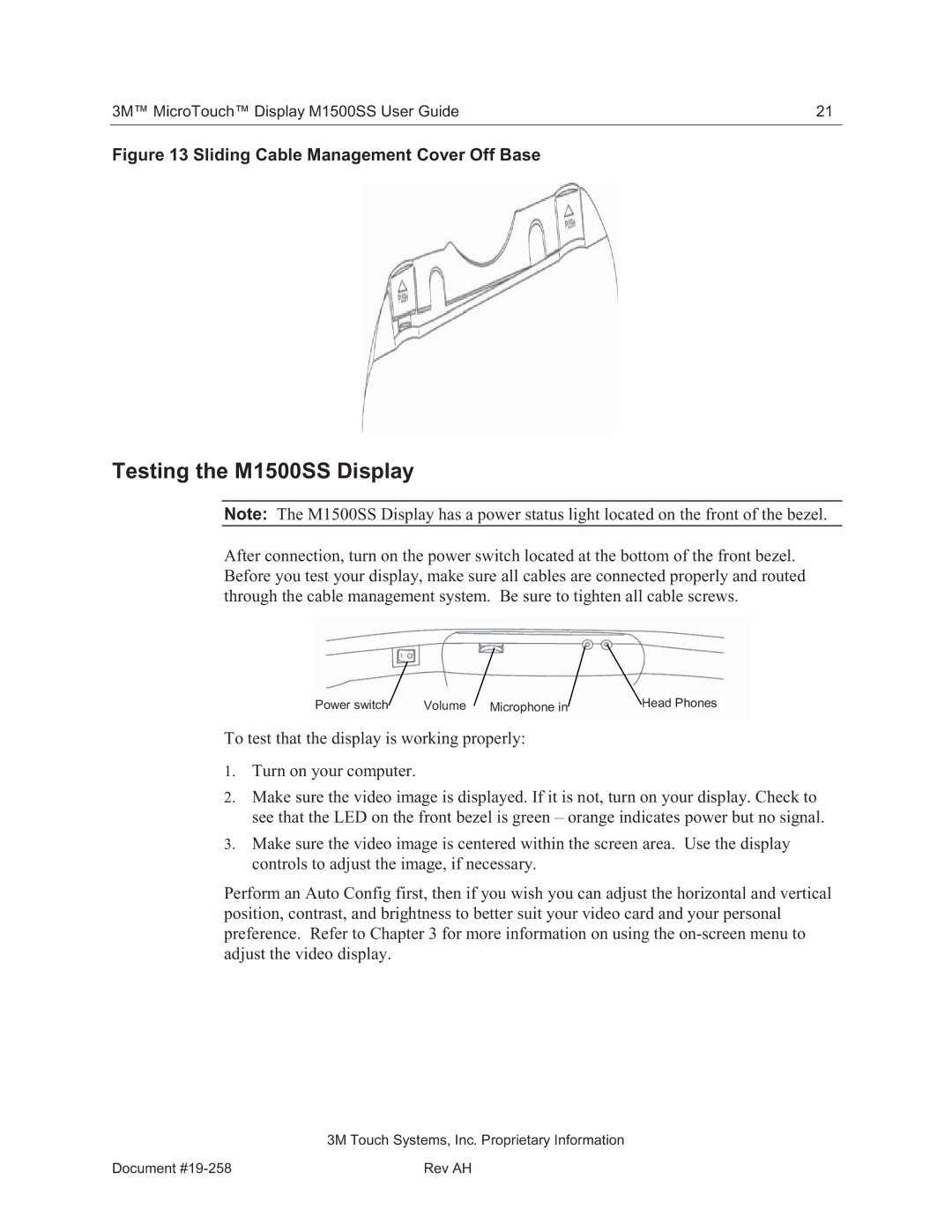 3M 11-81375-227 manual Testing the M1500SS Display, Sliding Cable Management Cover Off Base 