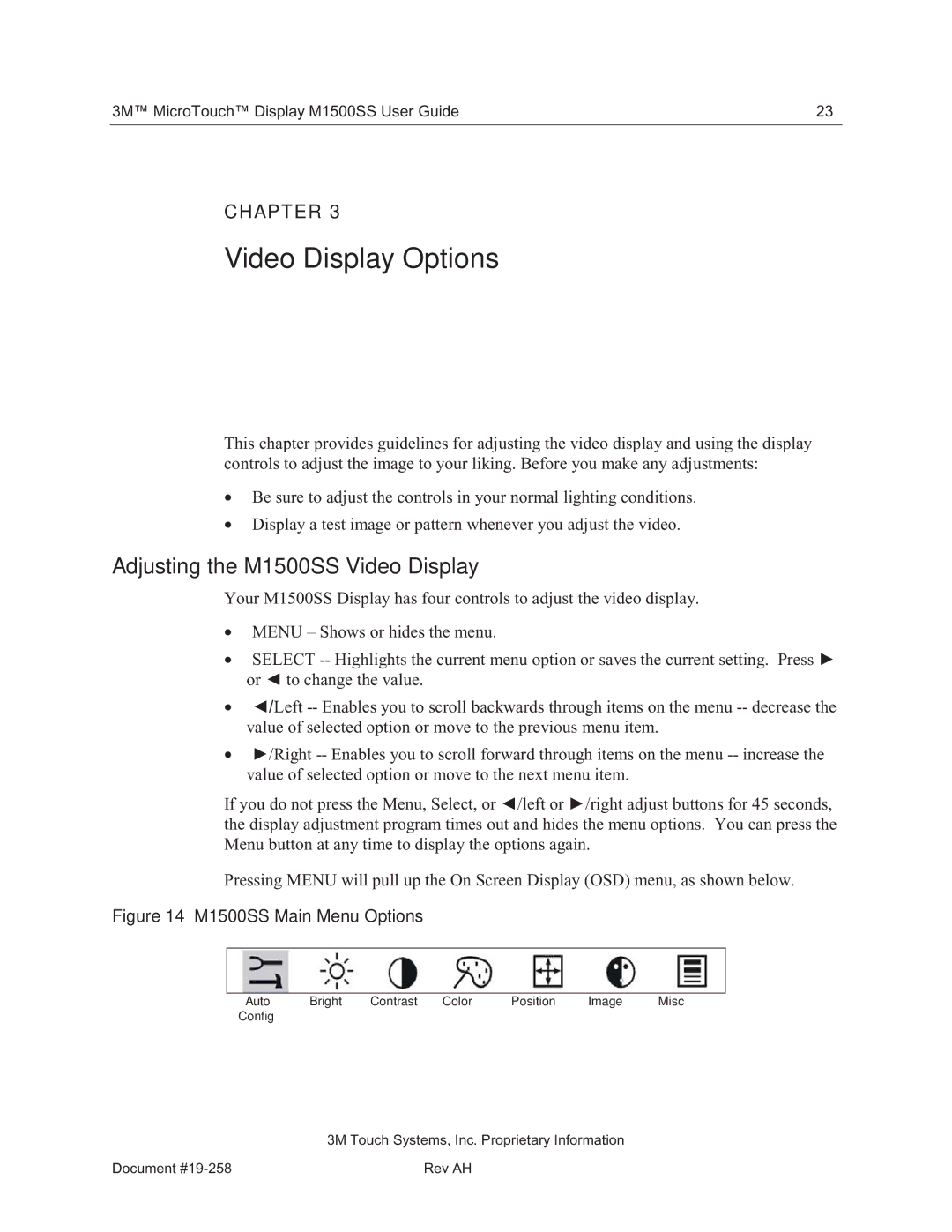 3M 11-81375-227 manual Video Display Options, Adjusting the M1500SS Video Display 