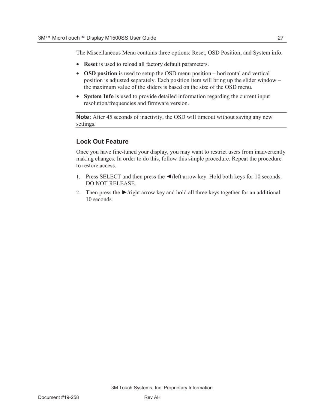 3M 11-81375-227 manual Lock Out Feature, Do not Release 