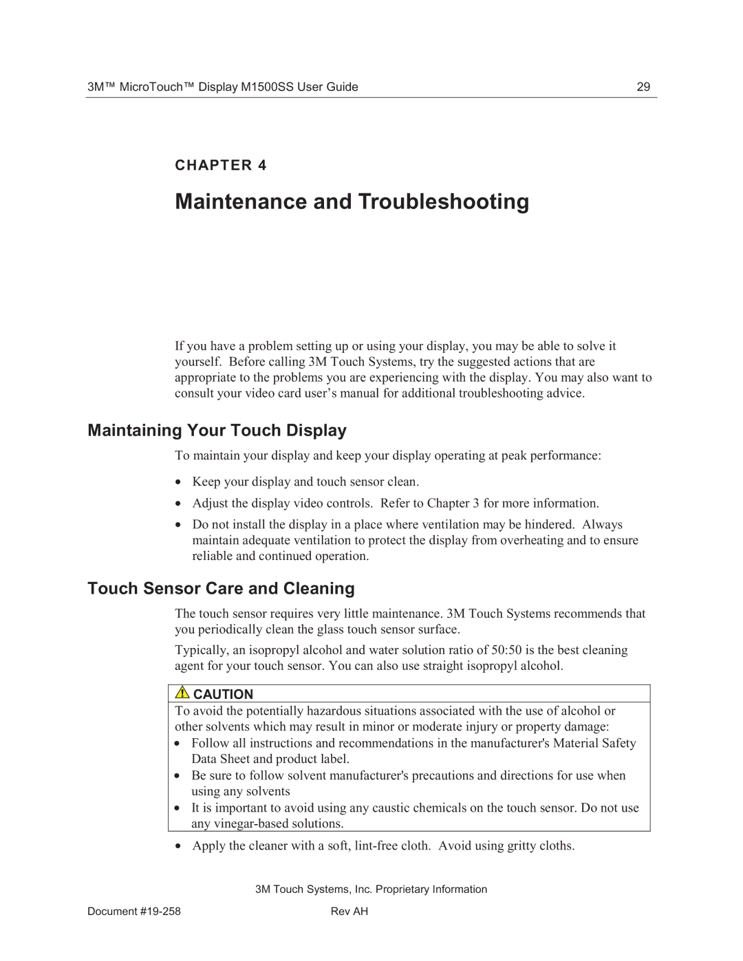 3M 11-81375-227 manual Maintenance and Troubleshooting, Maintaining Your Touch Display, Touch Sensor Care and Cleaning 