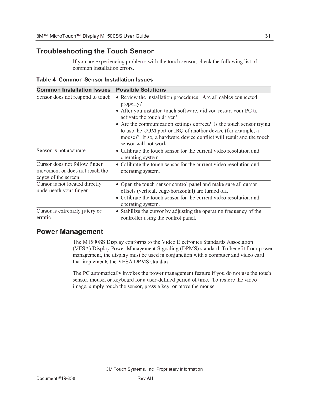 3M 11-81375-227 manual Troubleshooting the Touch Sensor, Power Management 