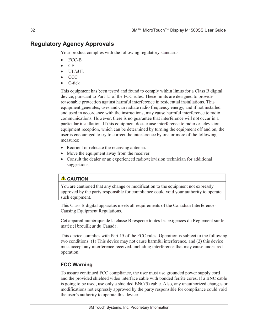 3M 11-81375-227 manual Regulatory Agency Approvals, FCC Warning 