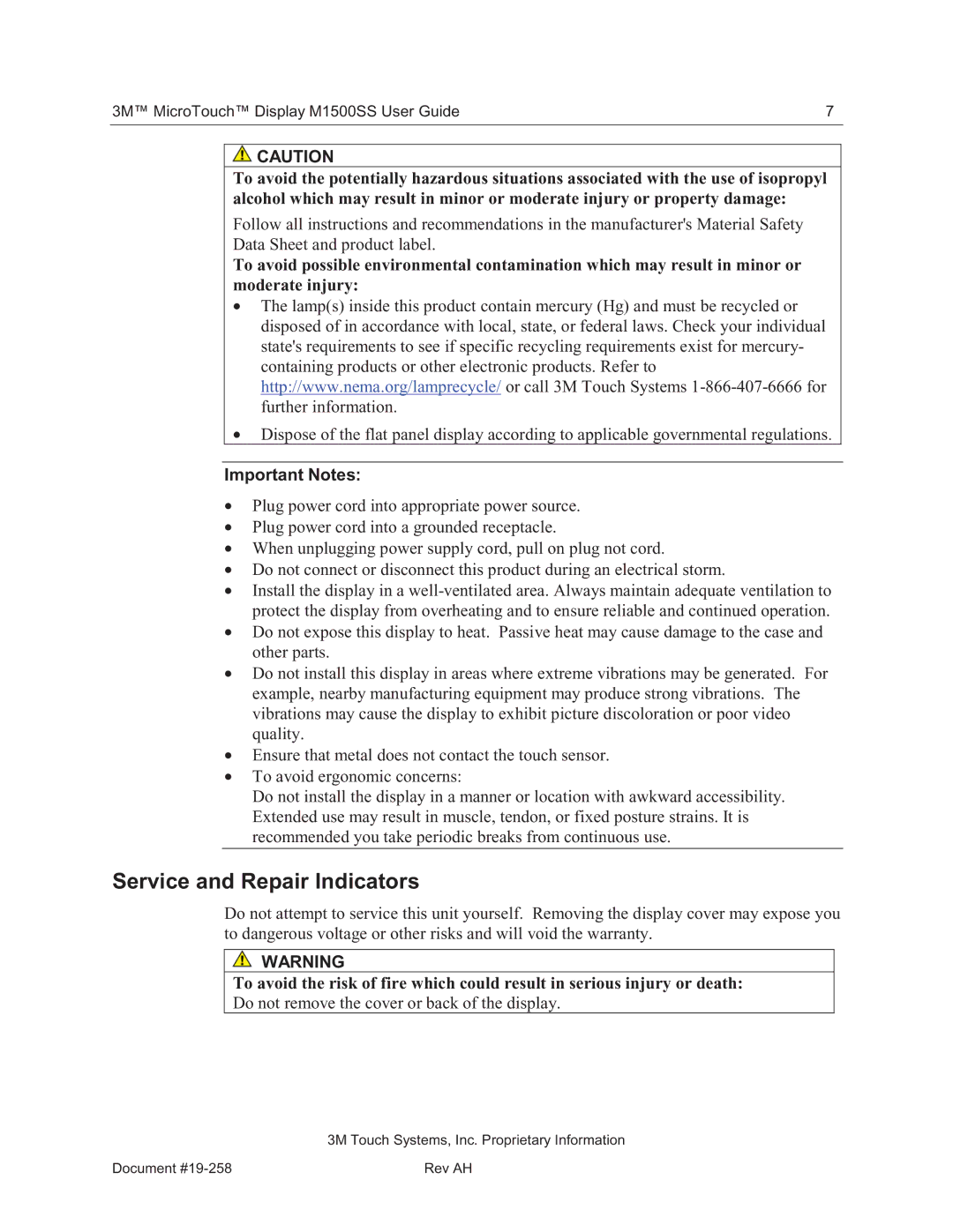 3M 11-81375-227 manual Service and Repair Indicators, Important Notes 