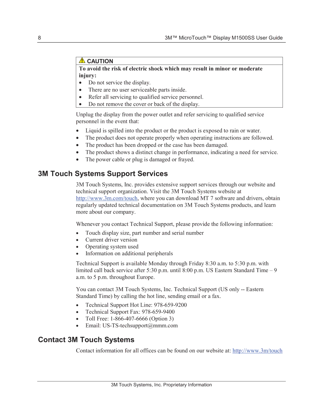 3M 11-81375-227 manual 3M Touch Systems Support Services, Contact 3M Touch Systems 