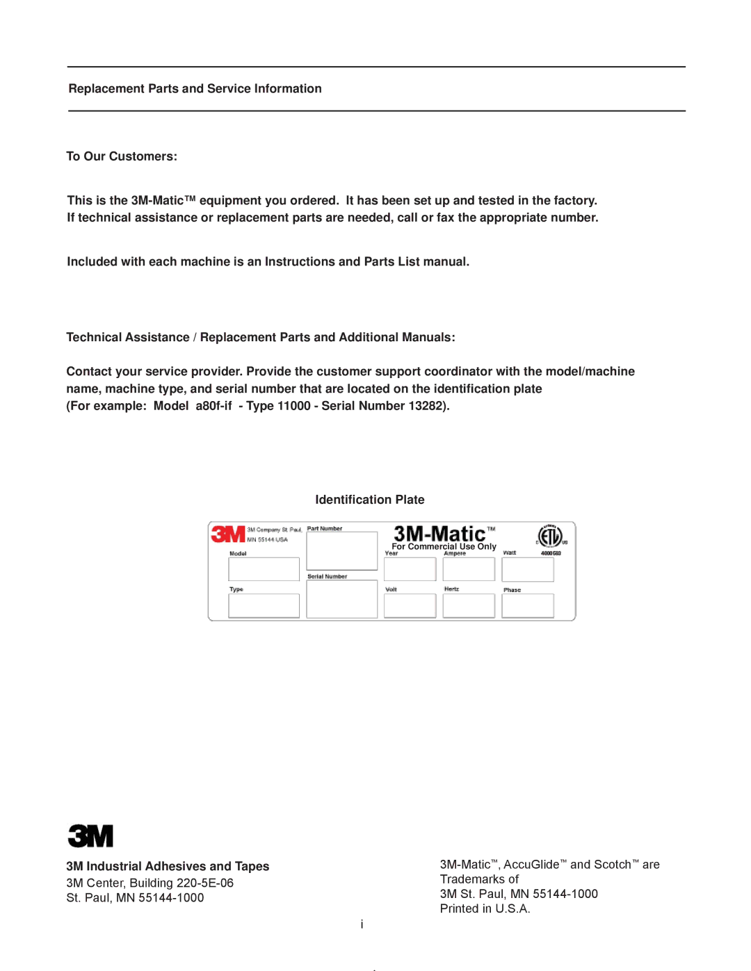 3M 11000 operating instructions Replacement Parts and Service Information To Our Customers, Industrial Adhesives and Tapes 