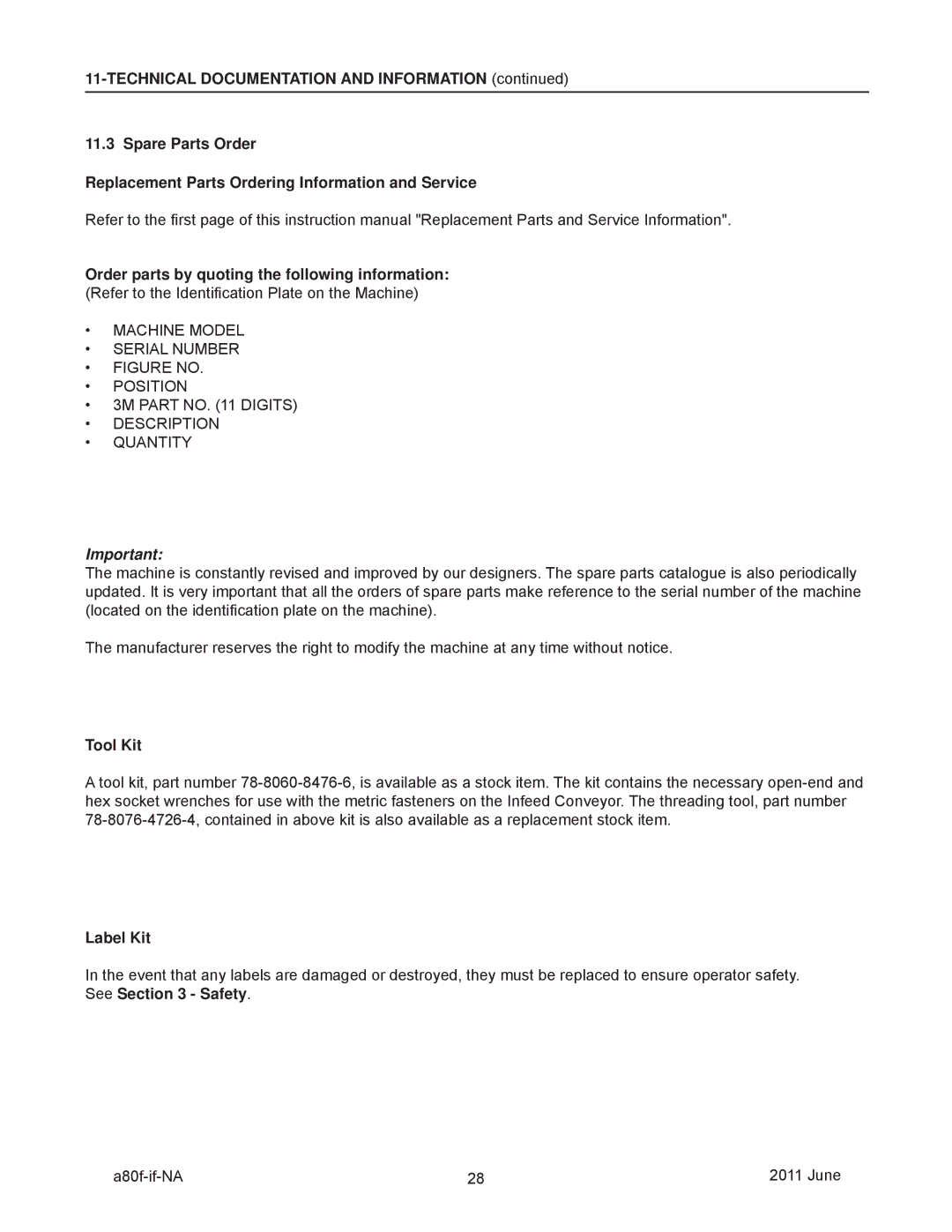 3M 11000 operating instructions Tool Kit, Label Kit 